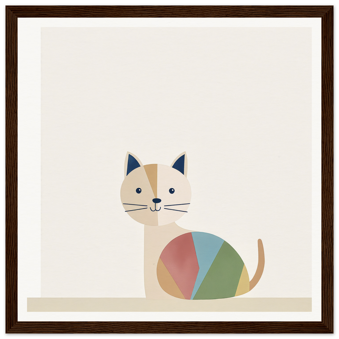 Minimalist cartoon cat with geometric shapes in pastel colors for Curious Cat Balances