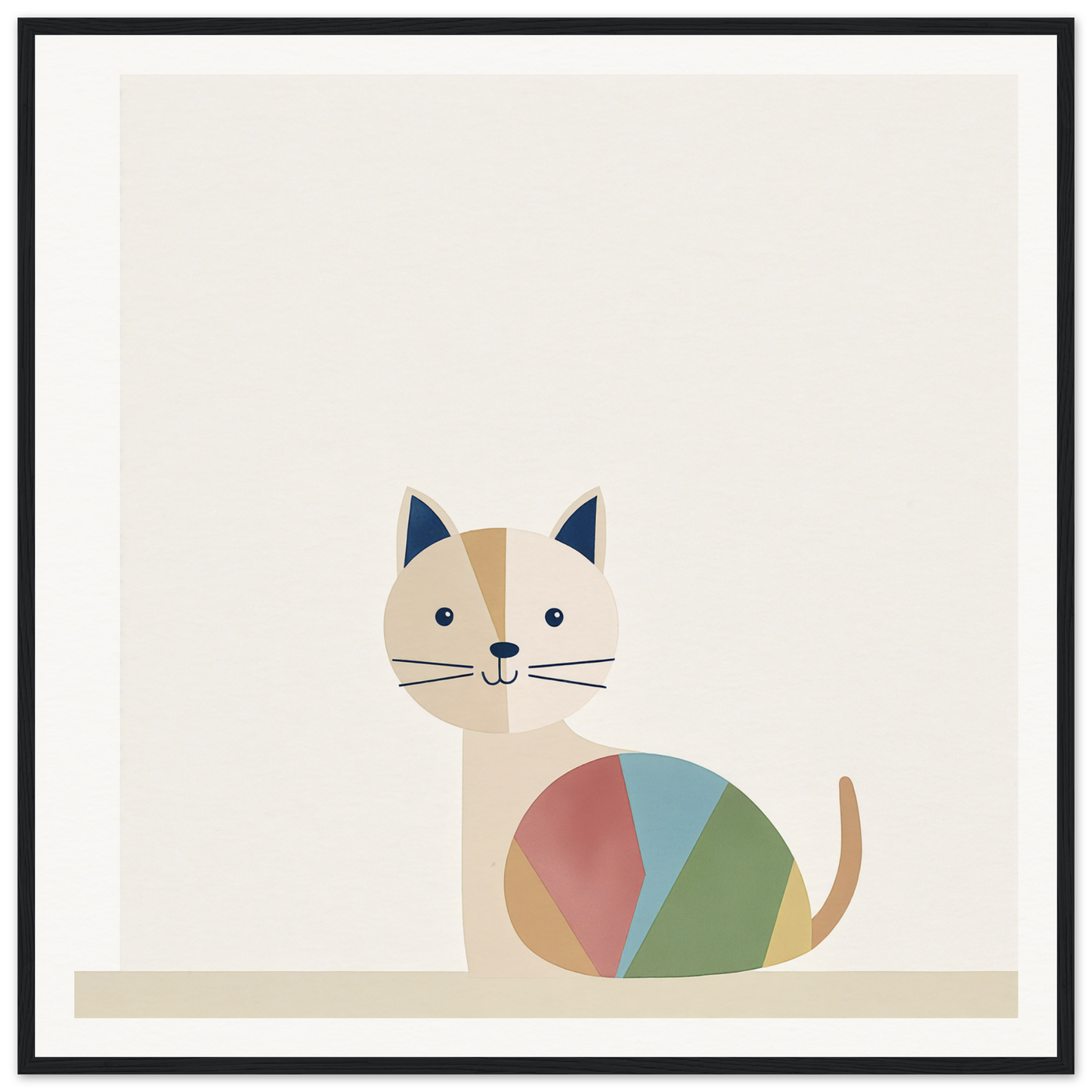 Minimalist cartoon cat with colorful geometric pattern on Curious Cat Balances
