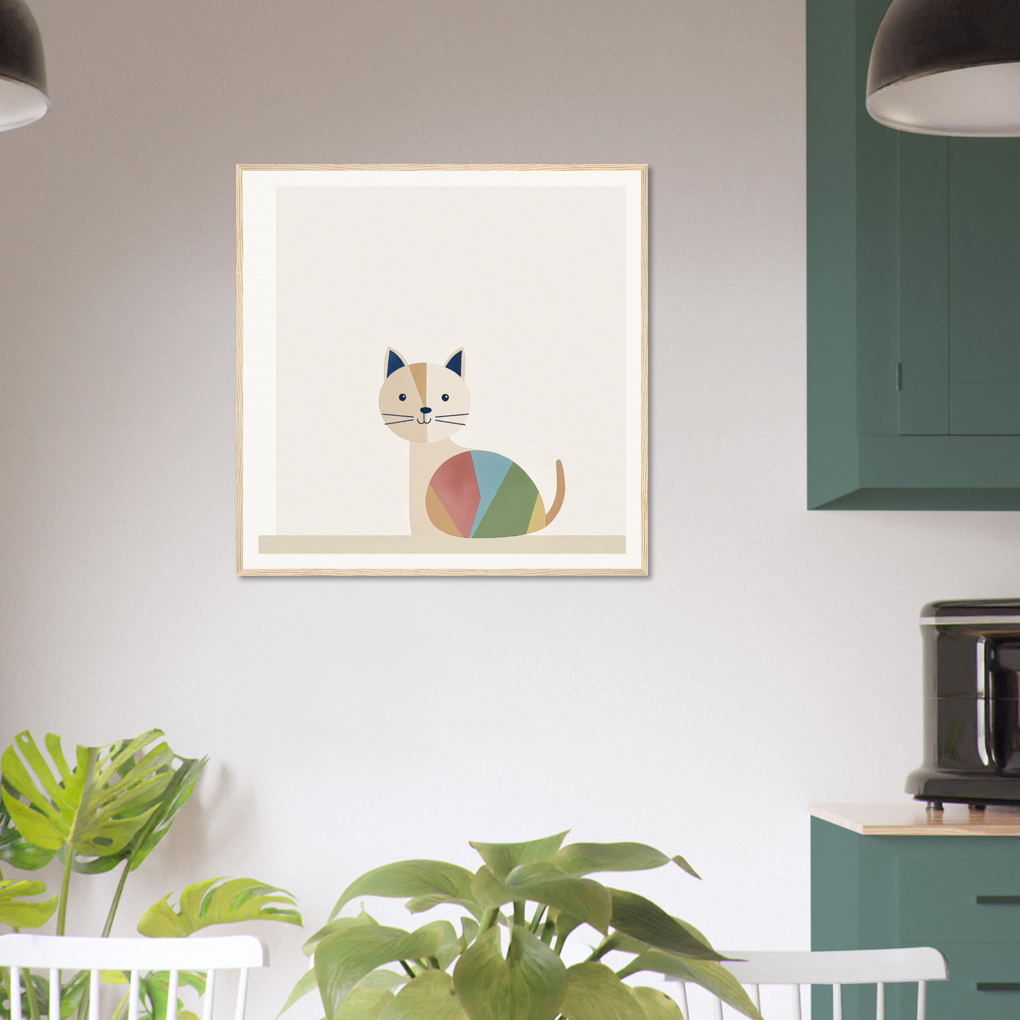Framed art print of a minimalist curious cat balances with a colorful striped body
