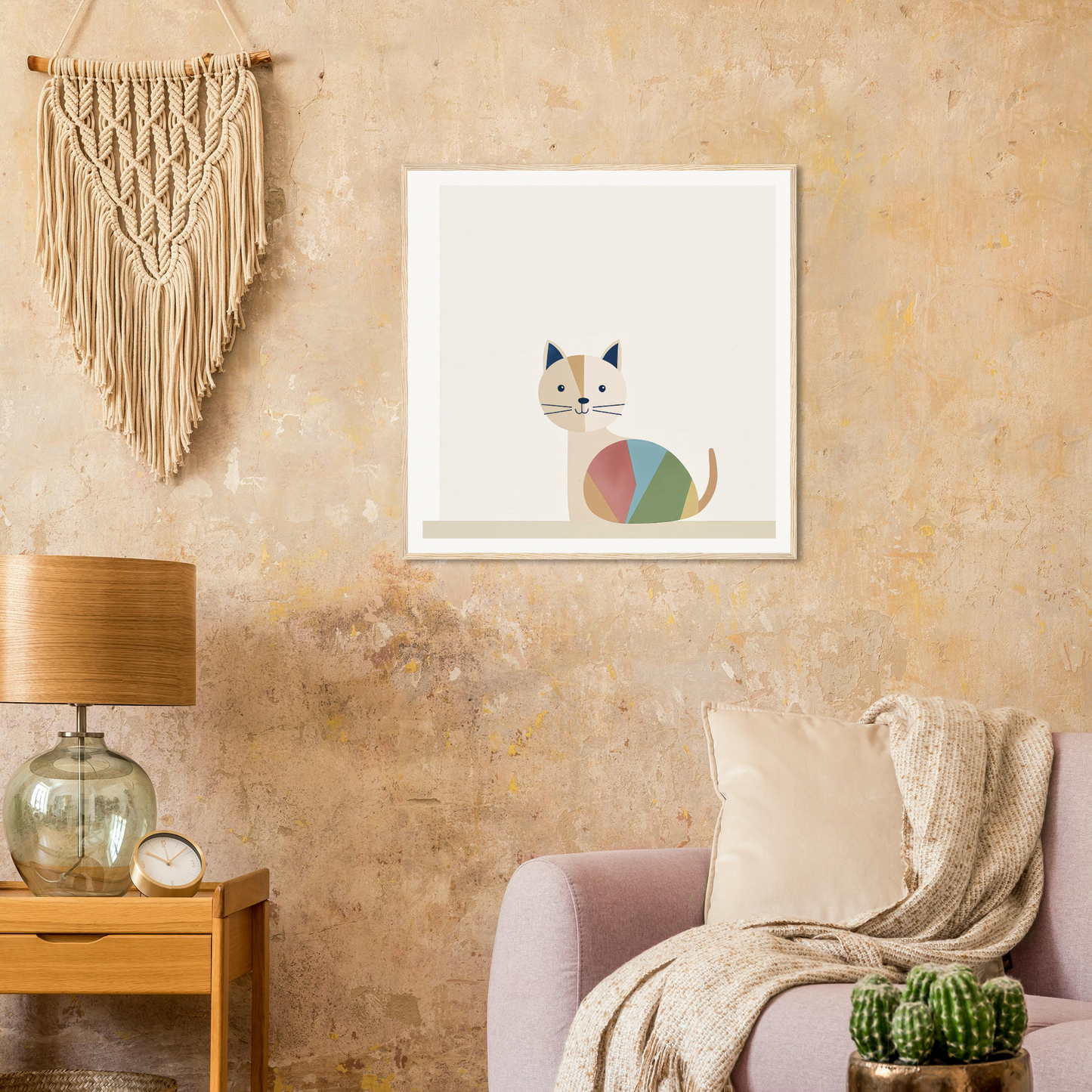 Minimalist art print of a Curious Cat Balances with a geometric, colorful design