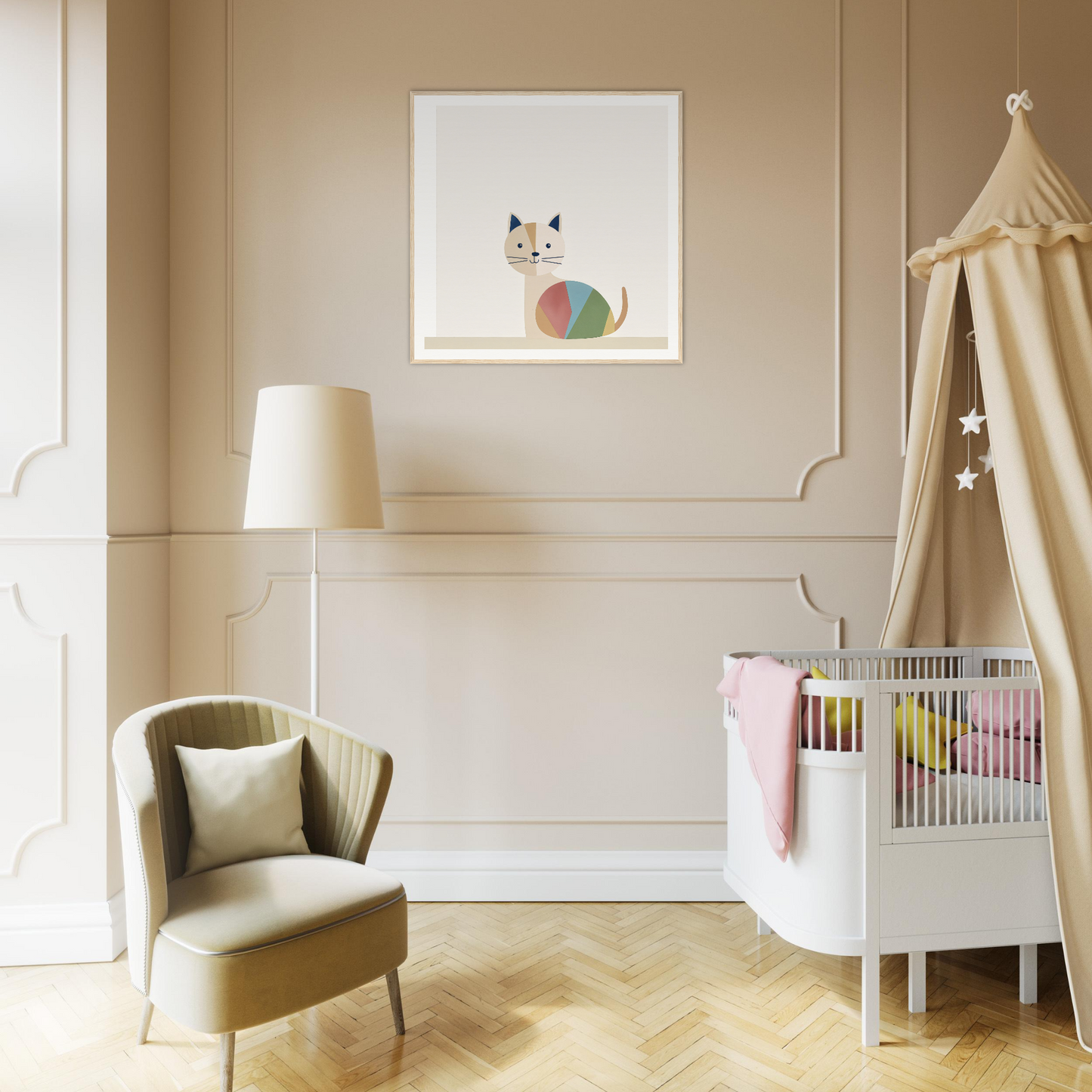 Modern nursery featuring a white crib, beige canopy, and Curious Cat Balances artwork