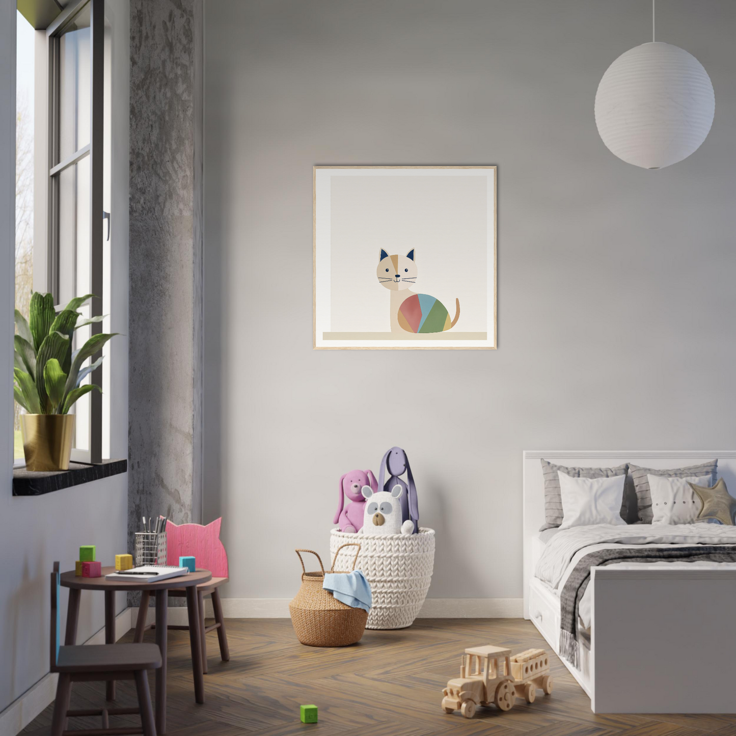 Minimalist bedroom with gray walls enhancing the Curious Cat Balances decor