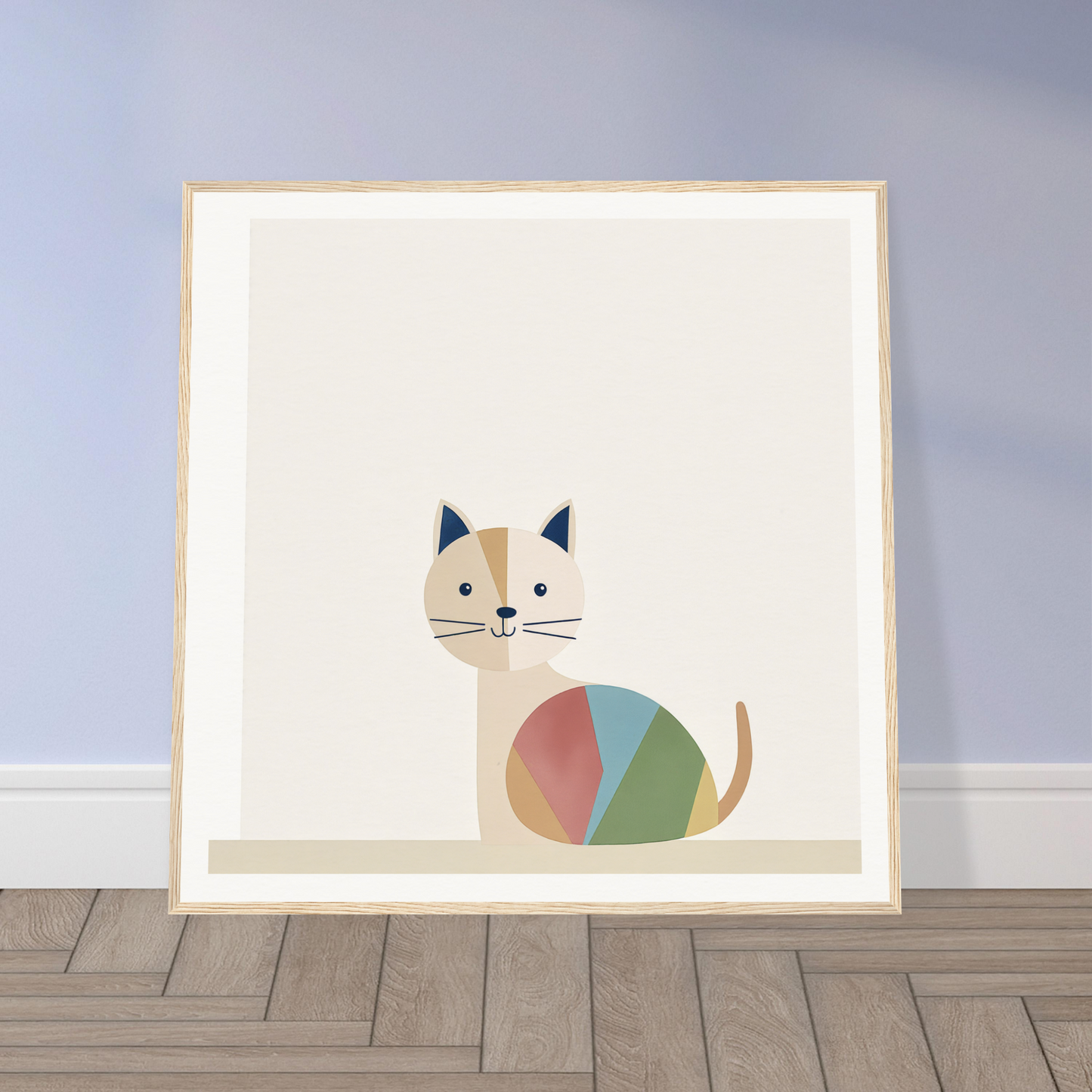 Minimalist illustration of a curious cat with a colorful geometric body pattern