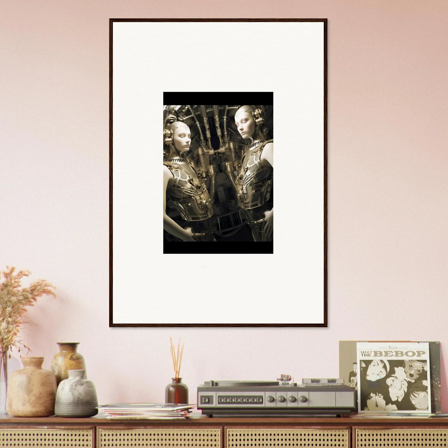 Framed black and white photograph of figures in metallic attire for dreams unveiled room decor