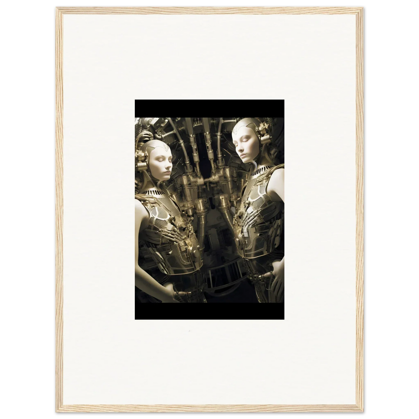 Framed black and white photograph of mannequins in ornate clothing for room decor