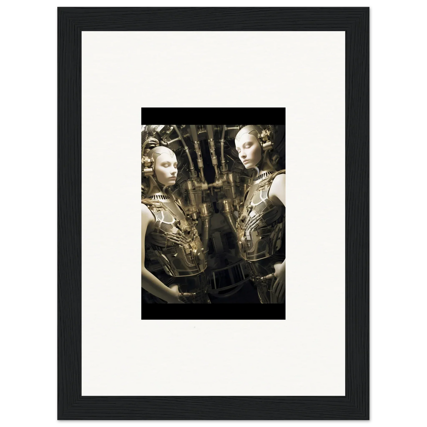 Framed wall art of two mannequins in metallic outfits for dreams unveiled room decor