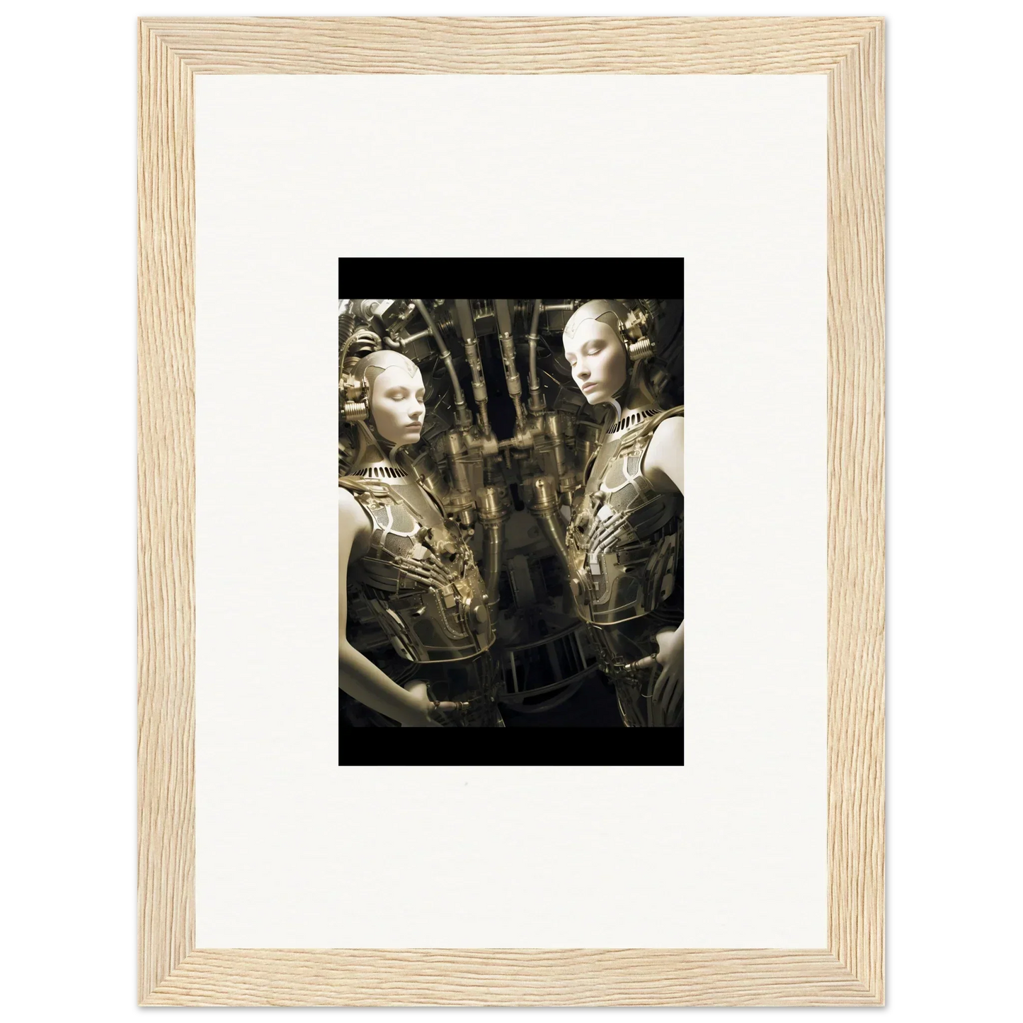 Framed wall art of two mannequins in metallic outfits for unique room decor, dreams unveiled