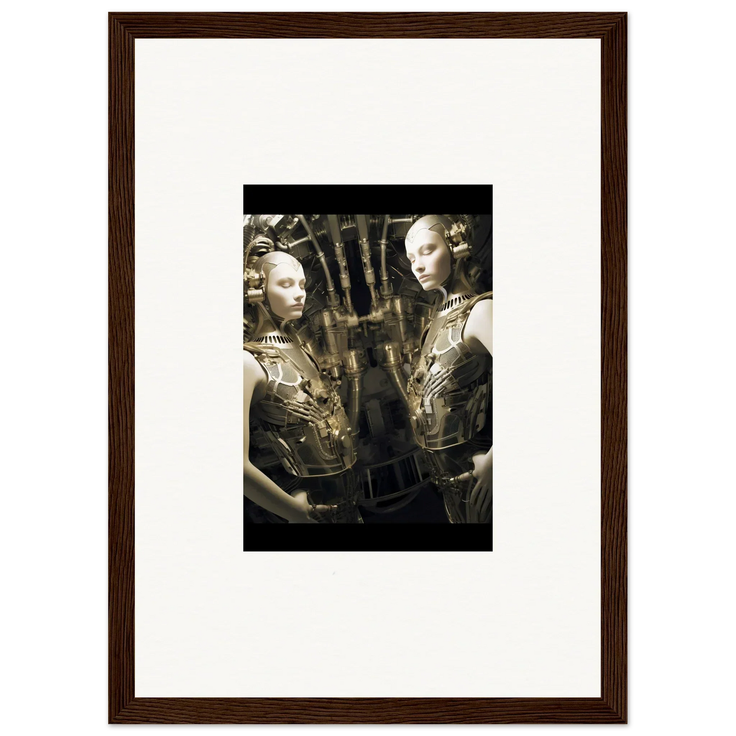 Framed wall art of two mannequins in metallic outfits for futuristic room decor Dreams Unveiled