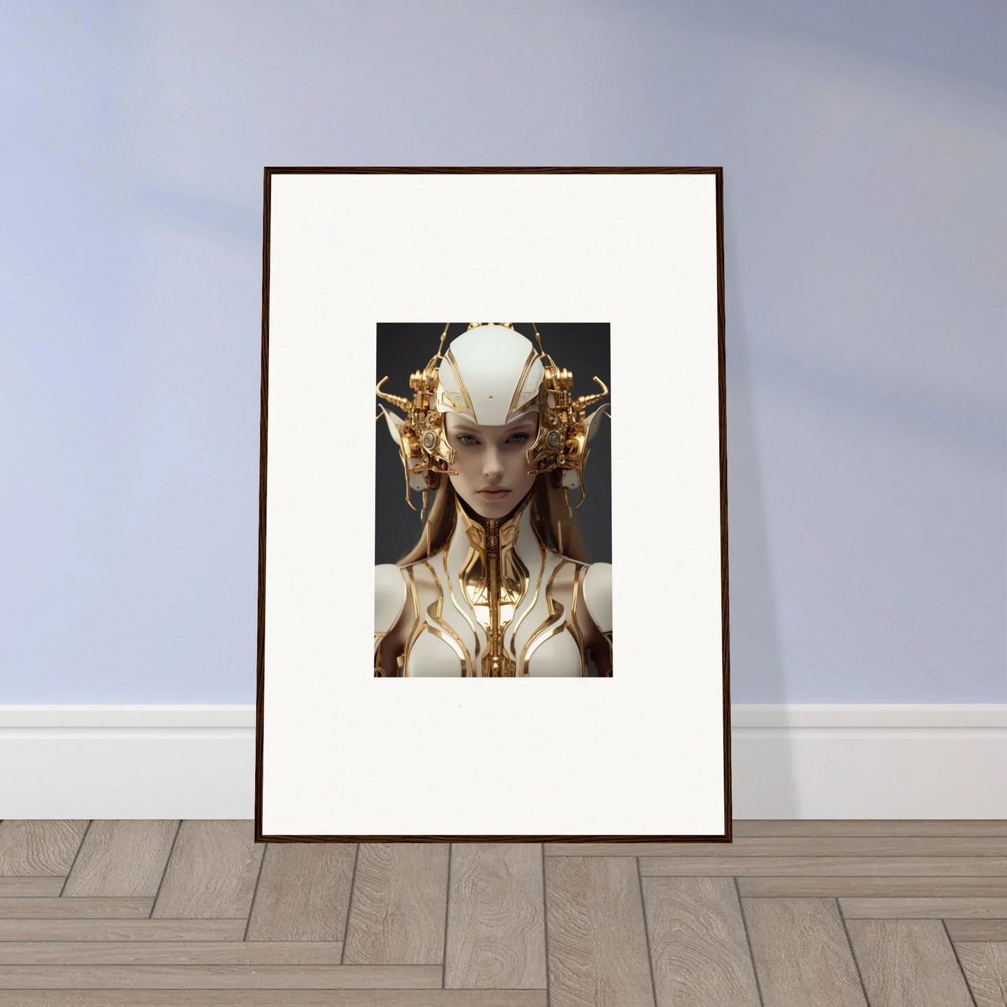 Framed canvas print of a figure in golden headdress, perfect muse euphoria room decoration