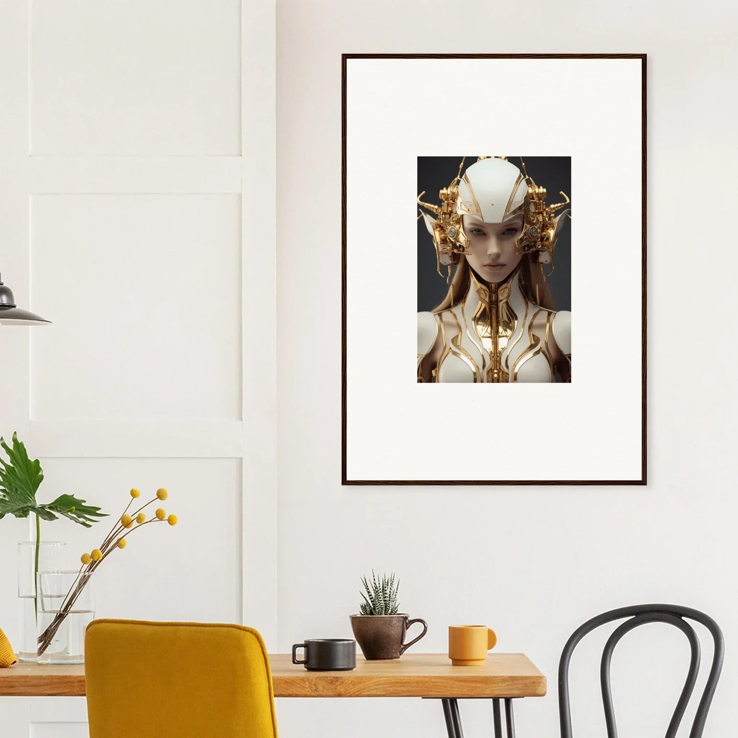 Framed canvas print of a golden headpiece female figure for room decoration