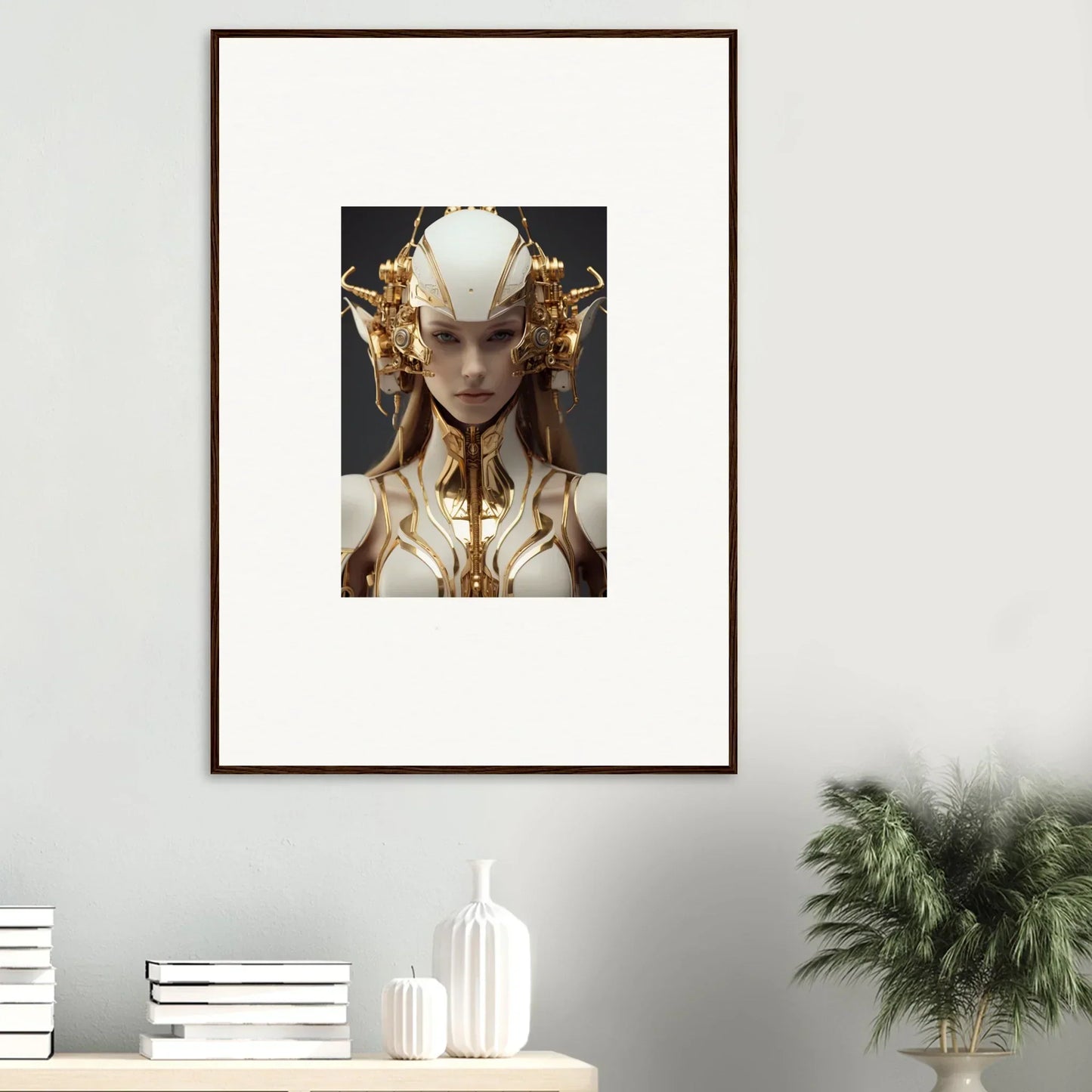 Framed canvas print of a muse euphoria with a golden headdress for room decoration