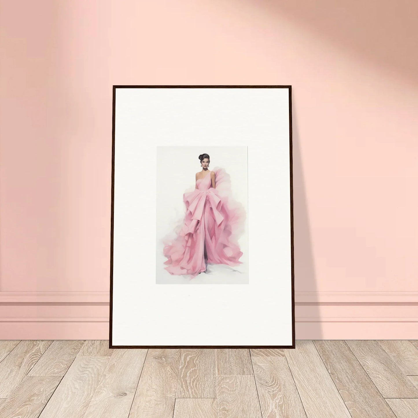 Framed watercolor of a pink gown, part of the Dance Sausalsea Étoiles collection