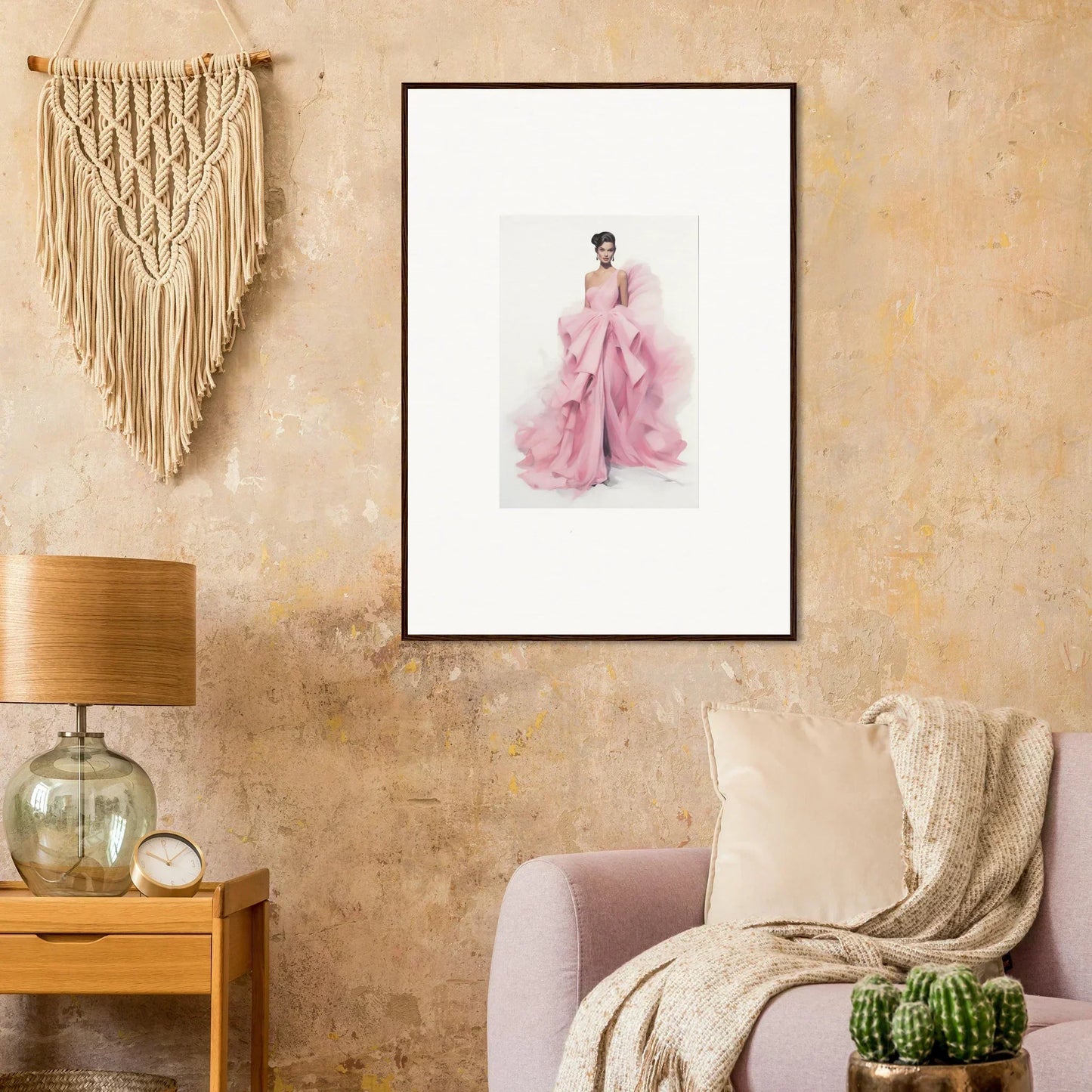 Framed watercolor art of a flowing pink gown for Dance Sausalsea Étoiles