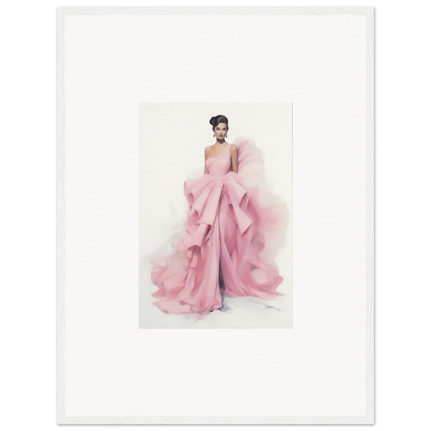 Watercolor fashion illustration of Dance Sausalsea Étoiles pink evening gown with ruffles