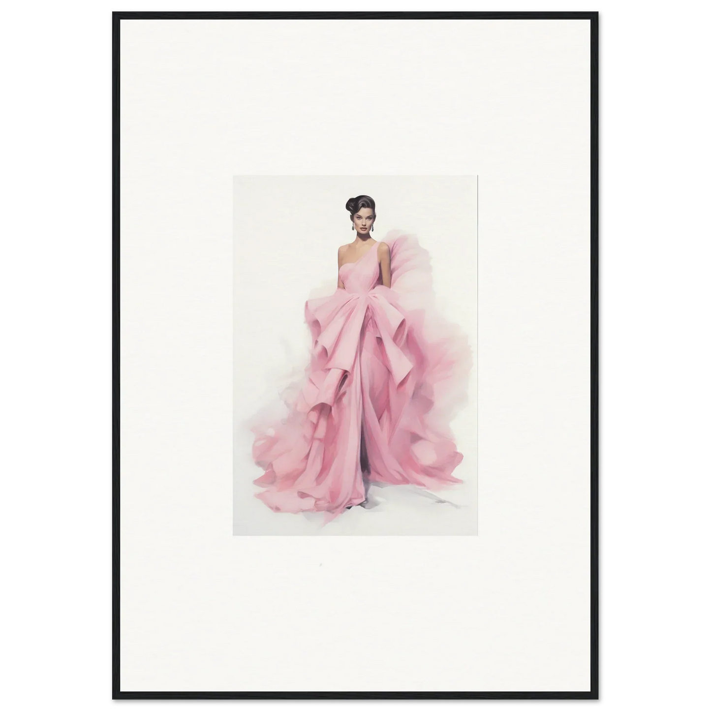 Watercolor fashion illustration of Dance Sausalsea Étoiles pink evening gown with ruffles