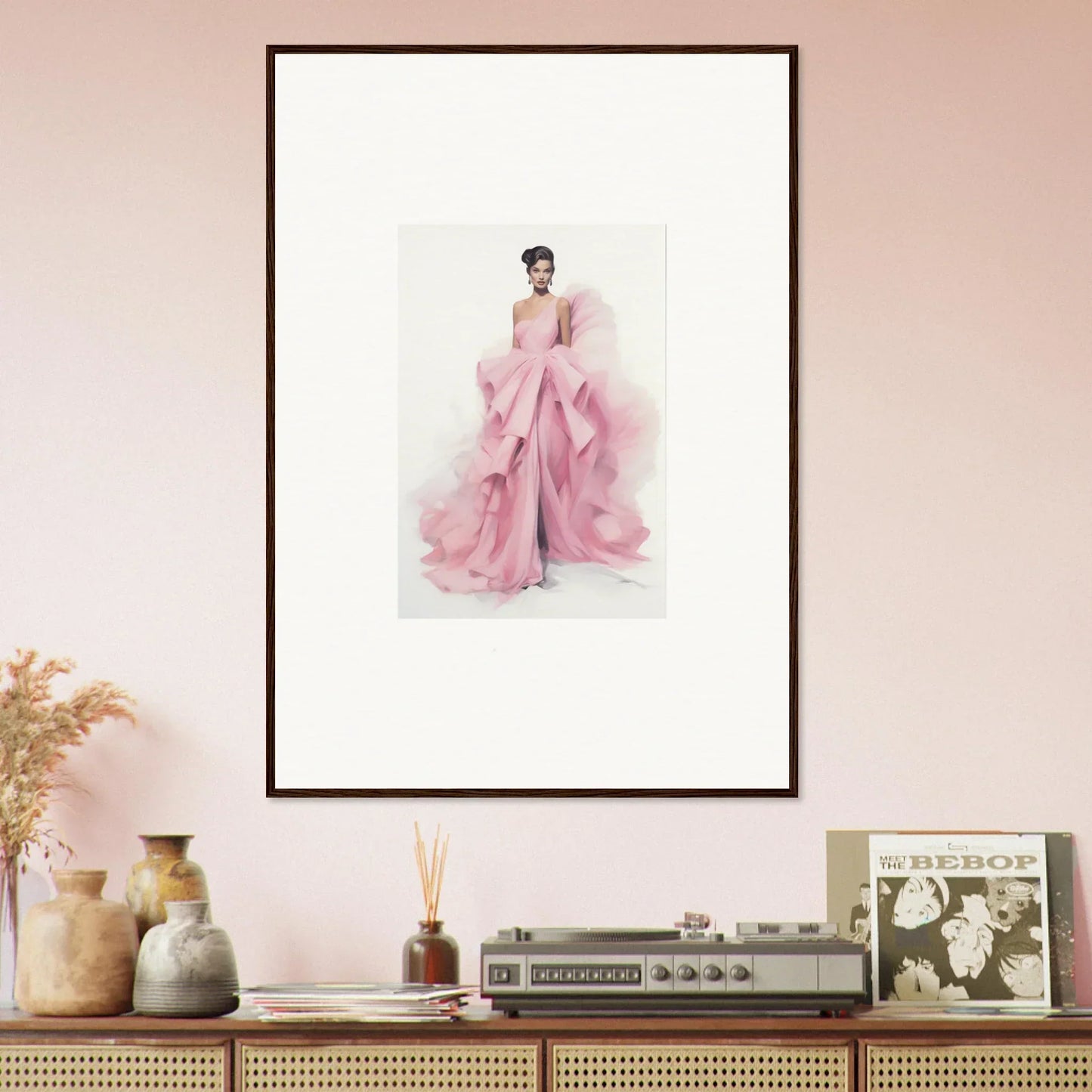 Framed fashion illustration of a pink evening gown from Dance Sausalsea Étoiles