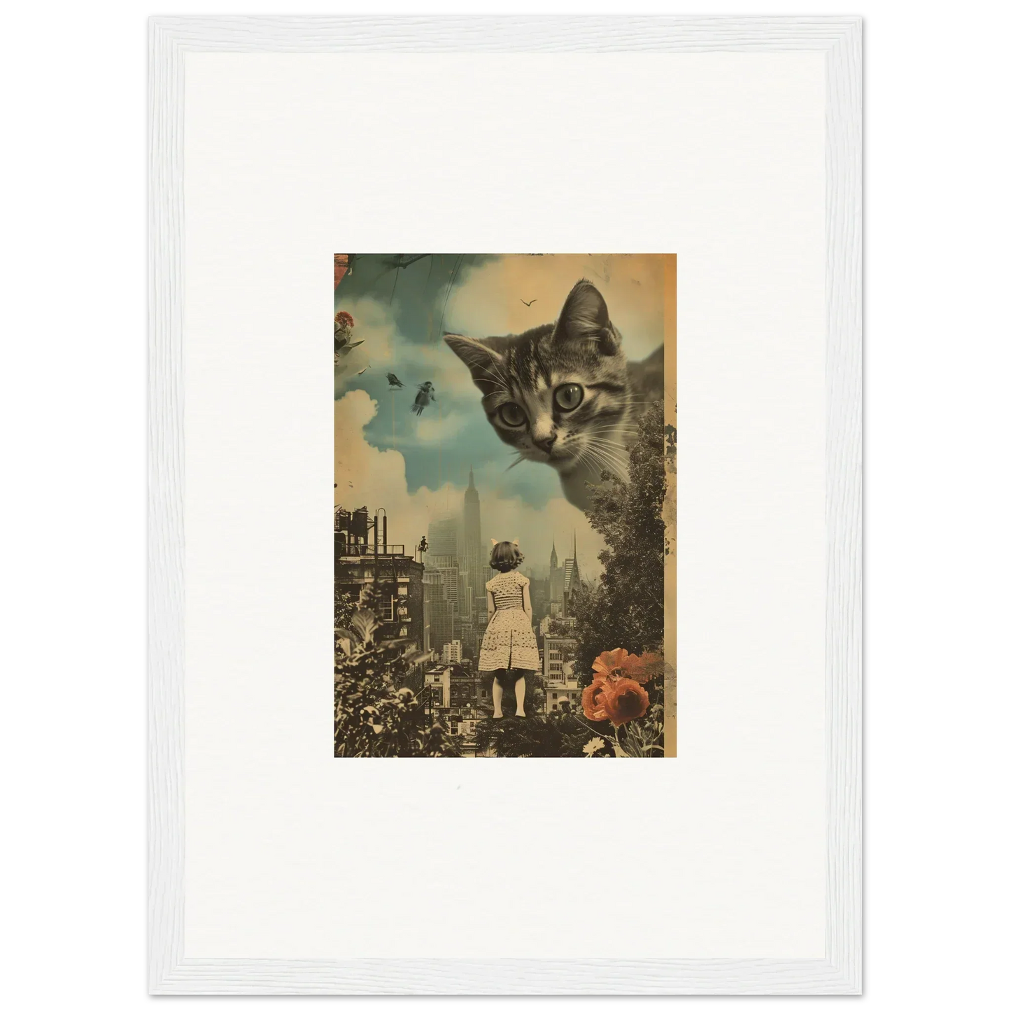 Surreal giant cat face over cityscape, perfect for your perception mirage room decoration