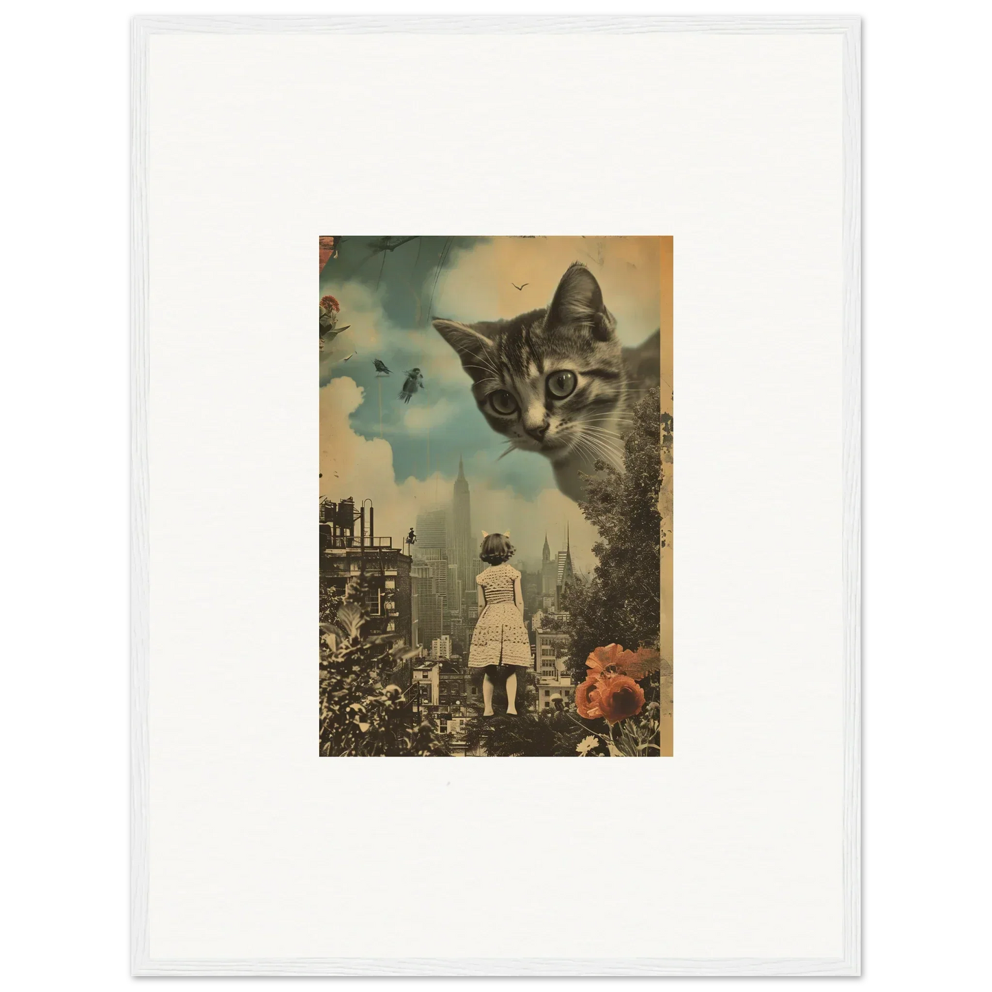 Surreal canvas print of a giant cat’s face overlooking a cityscape for cool room decoration