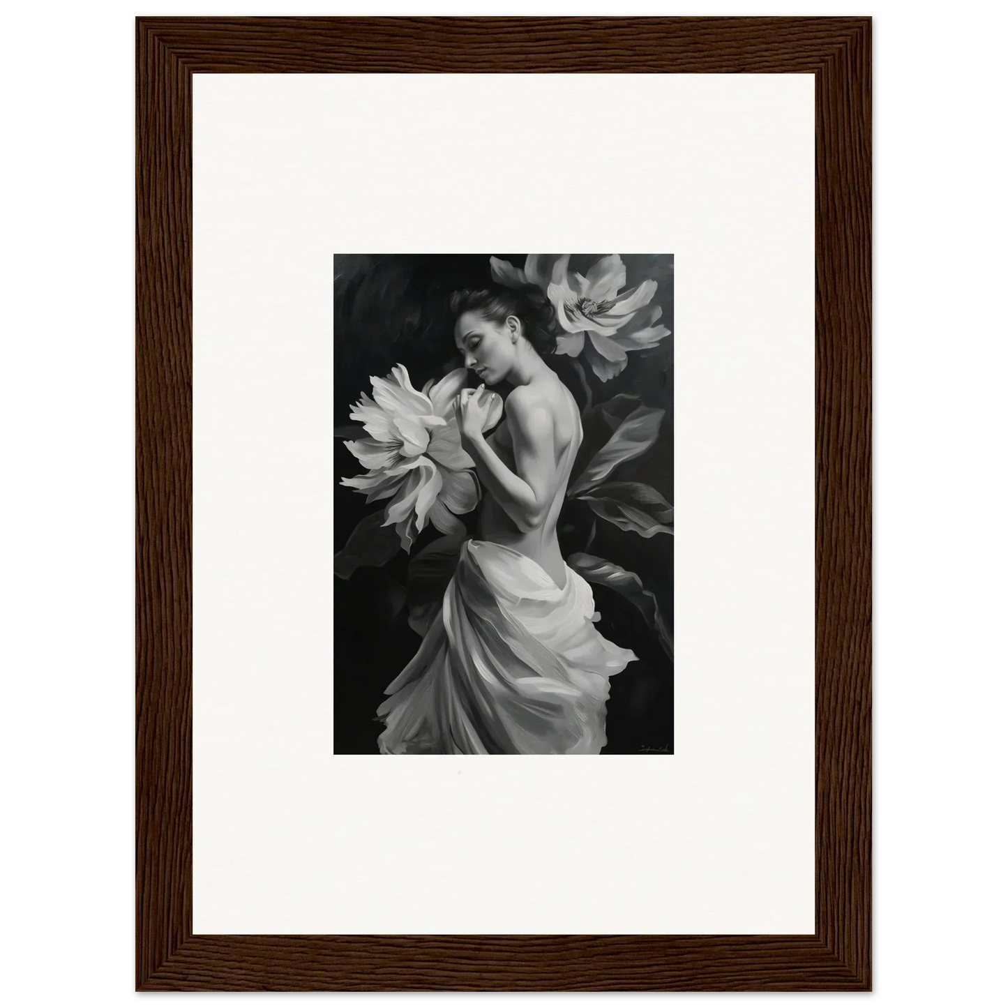Framed black and white photo of a woman with a flower, perfect for Delicate Midnight Reverie