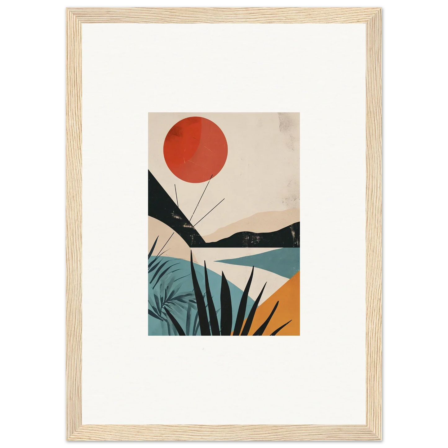 Minimalist art print of a red sun over mountains, perfect for premium framed wall decor