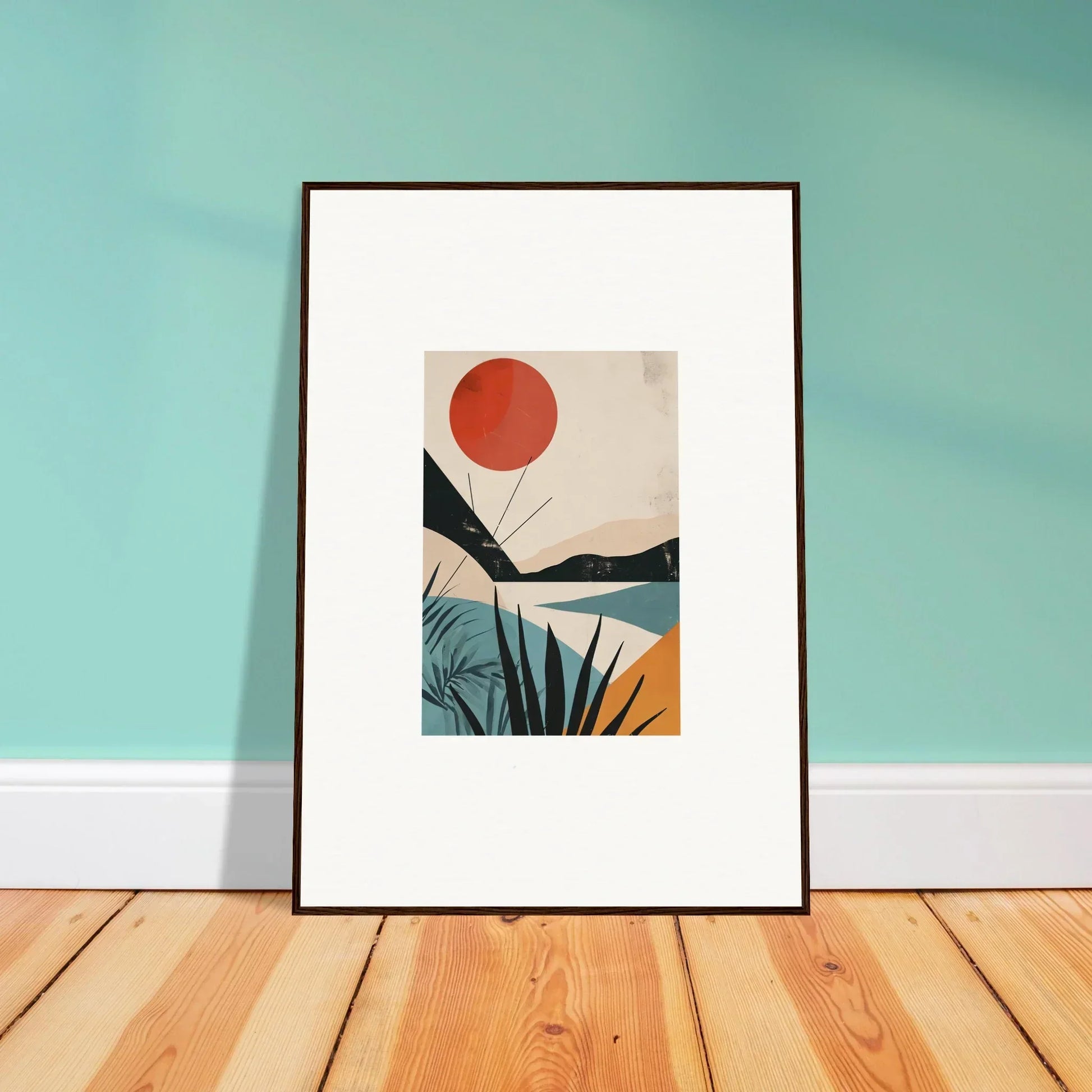 Framed wall art with a red sun over mountains and water, Desert Highlights special edition art™