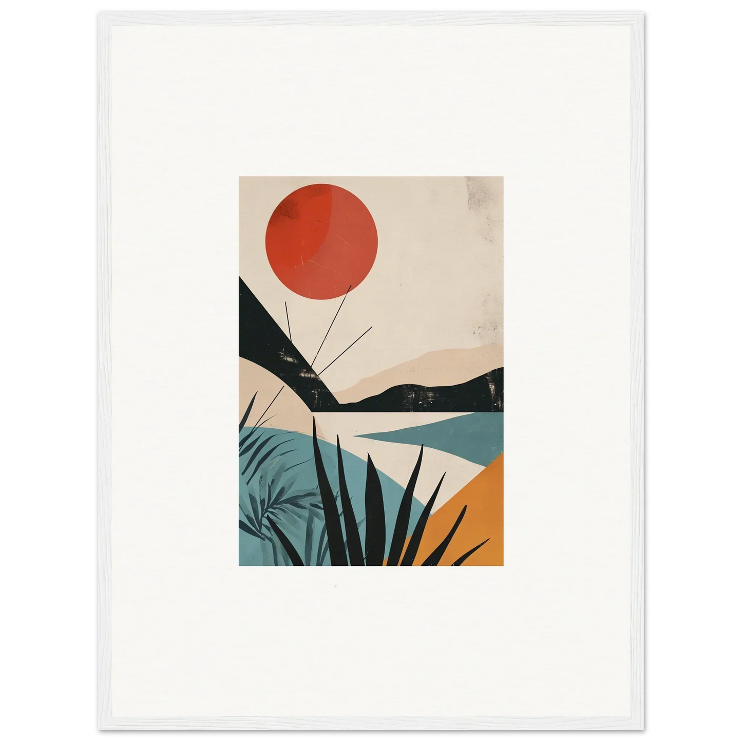 Minimalist art print with red sun and abstract mountains for premium framed wall decor