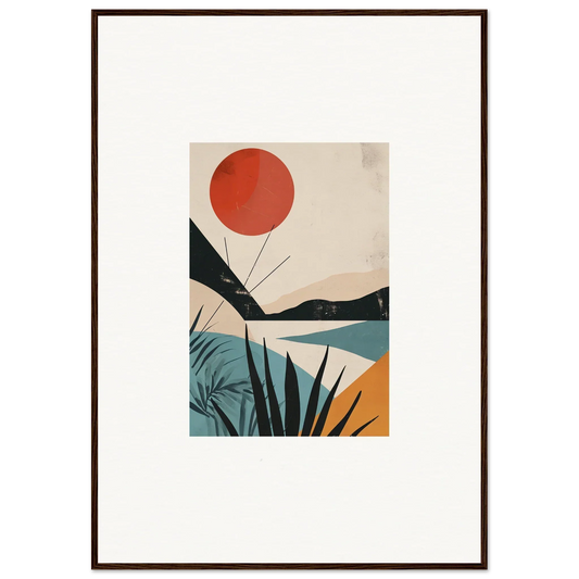 Minimalist abstract landscape with a red sun and mountains, perfect for framed wall art