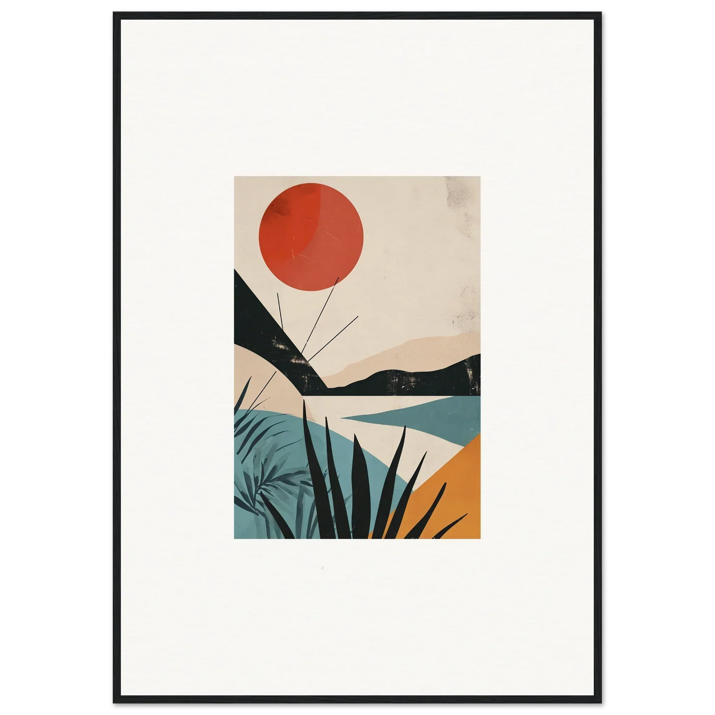 Minimalist framed wall art with a red sun, mountains, and tropical plants in subtle hues