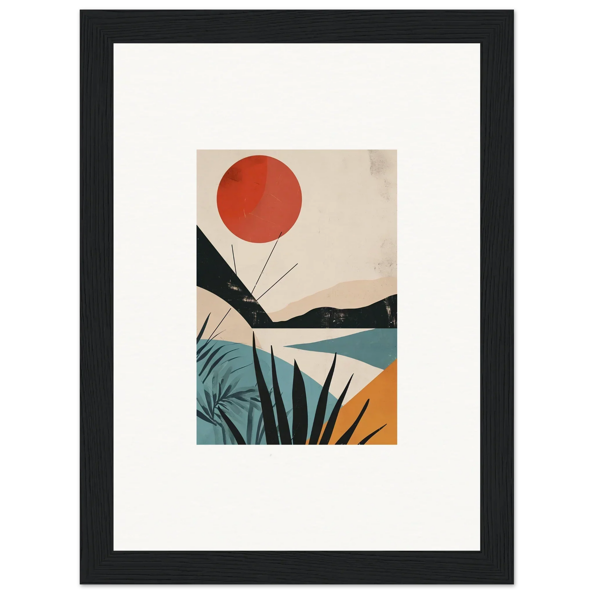 Minimalist art print of a red sun over turquoise mountains, perfect for premium framed wall