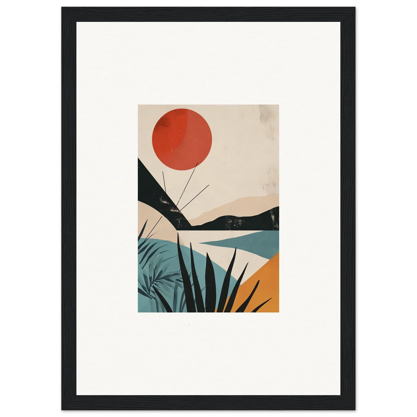 Minimalist art print of a red sun over mountains and plants in muted colors for Desert Highlights