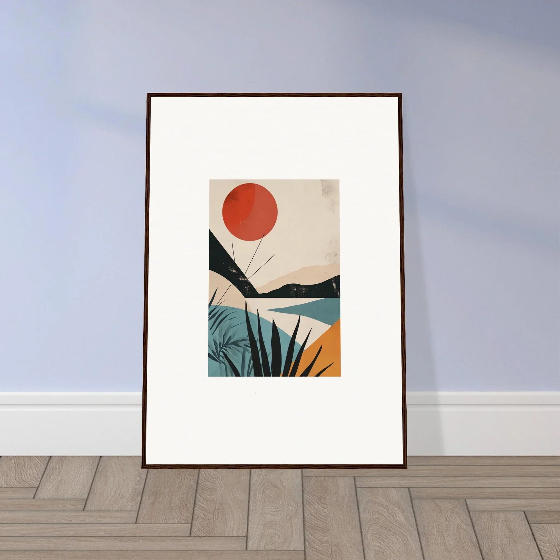Framed wall art ’Desert Highlights’ features red sun over mountains and water with tropical leaves