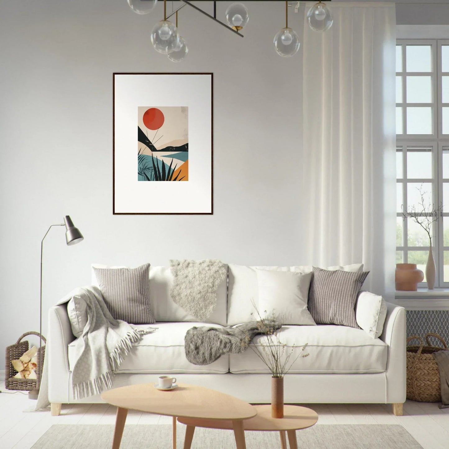 Stylish White sofa with gray and cream pillows perfect for Desert Highlights decor