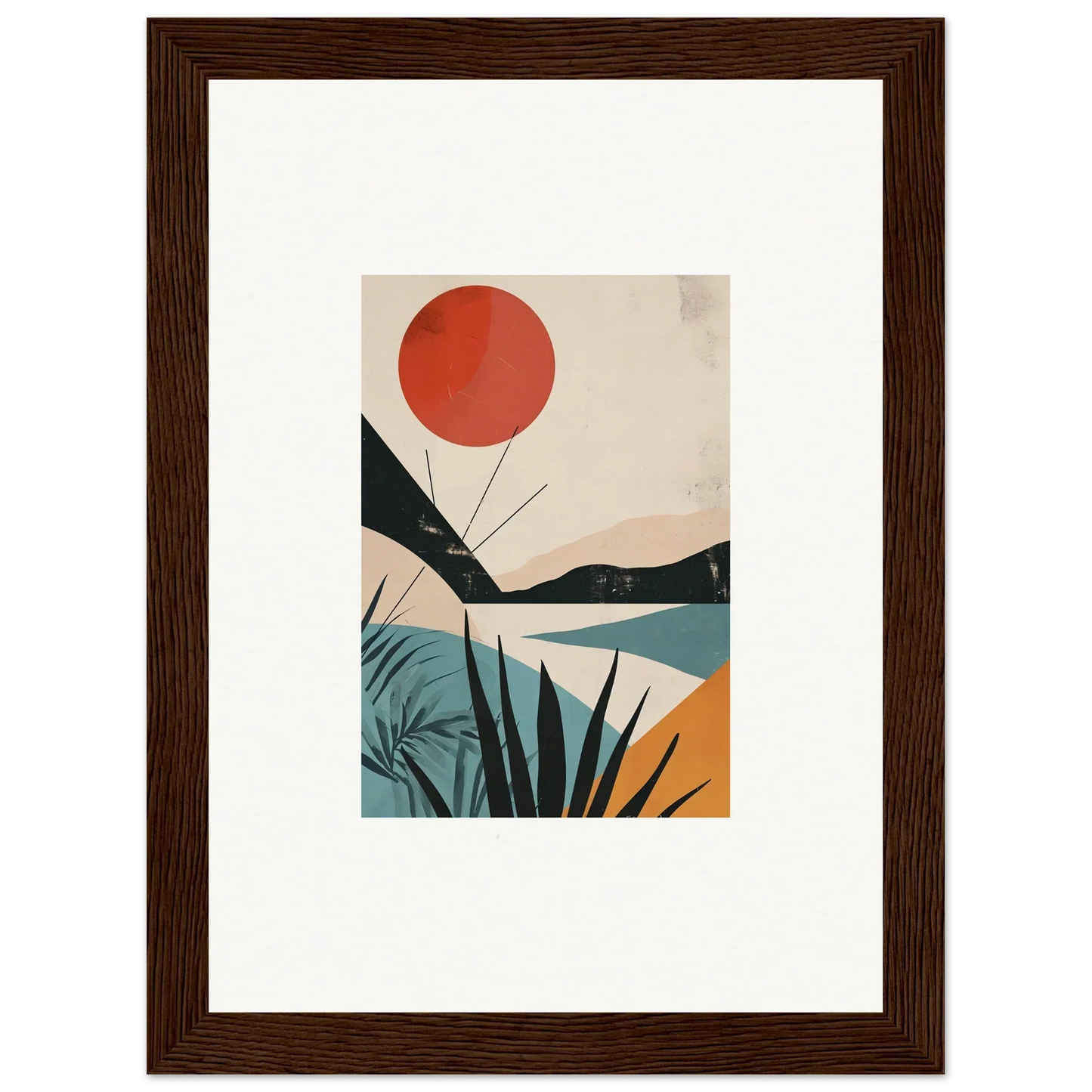 Minimalist art print of red sun over mountains and plants for premium framed wall decor