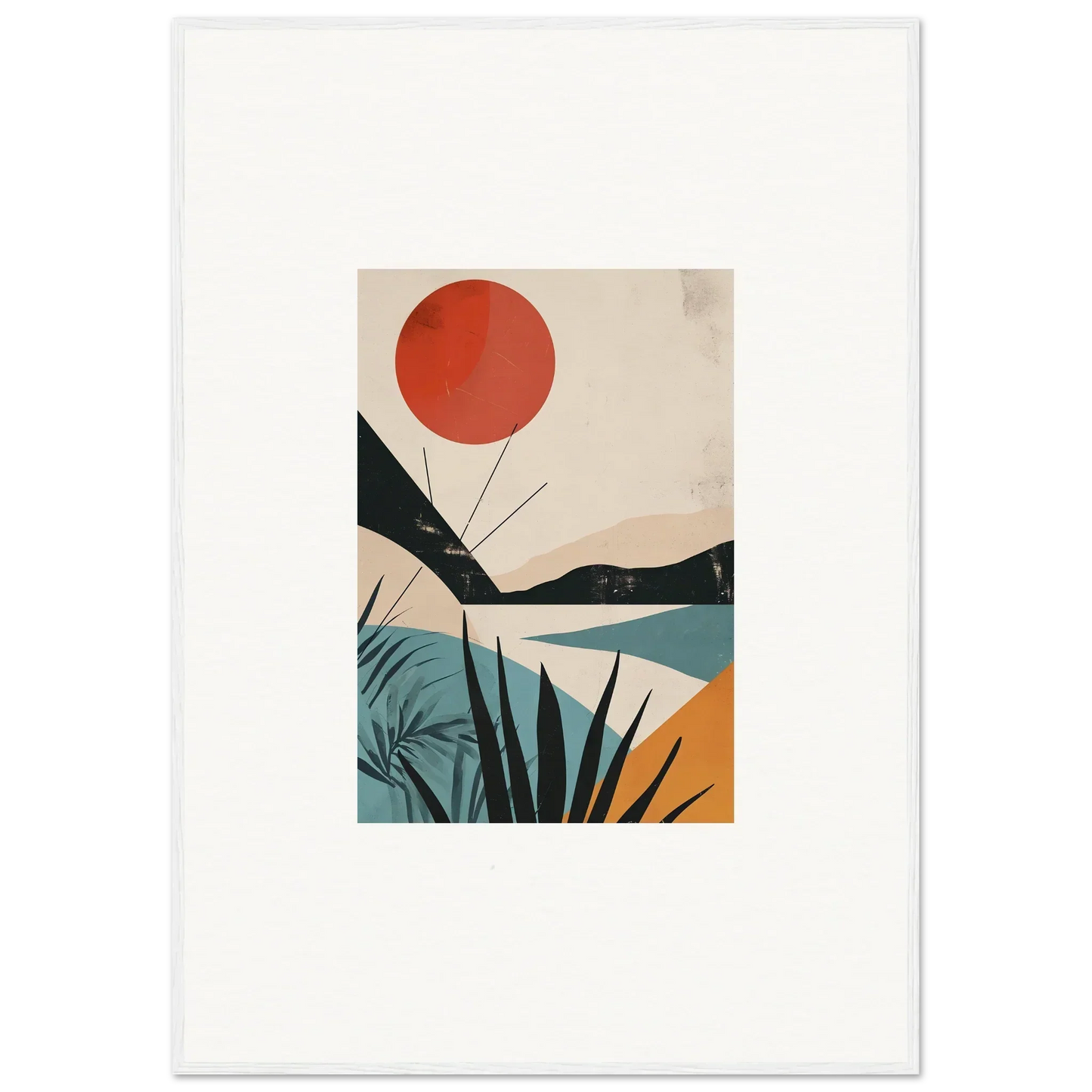 Minimalist art print of a red sun and mountains in muted colors for premium framed wall