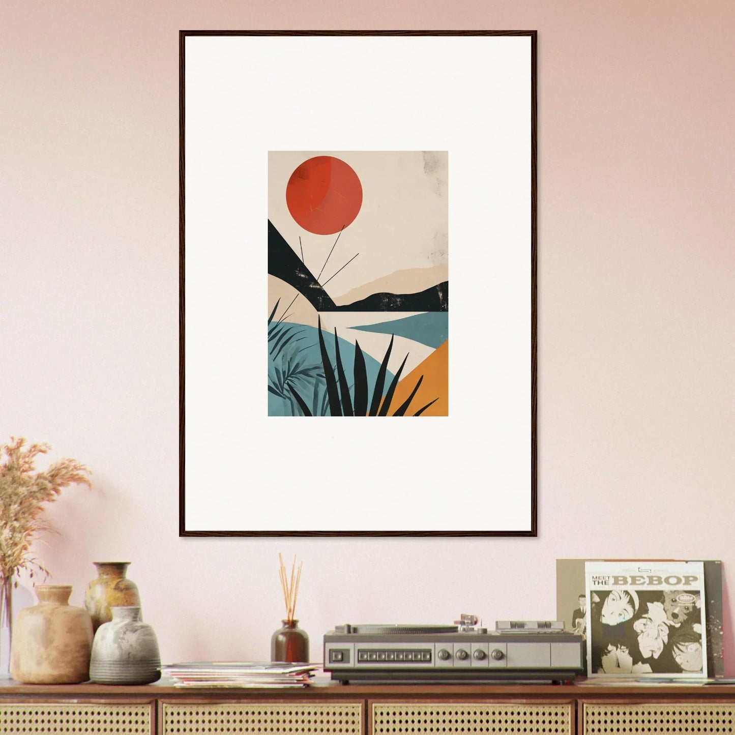 Framed wall art of a red sun over abstract mountains in Desert Highlights design