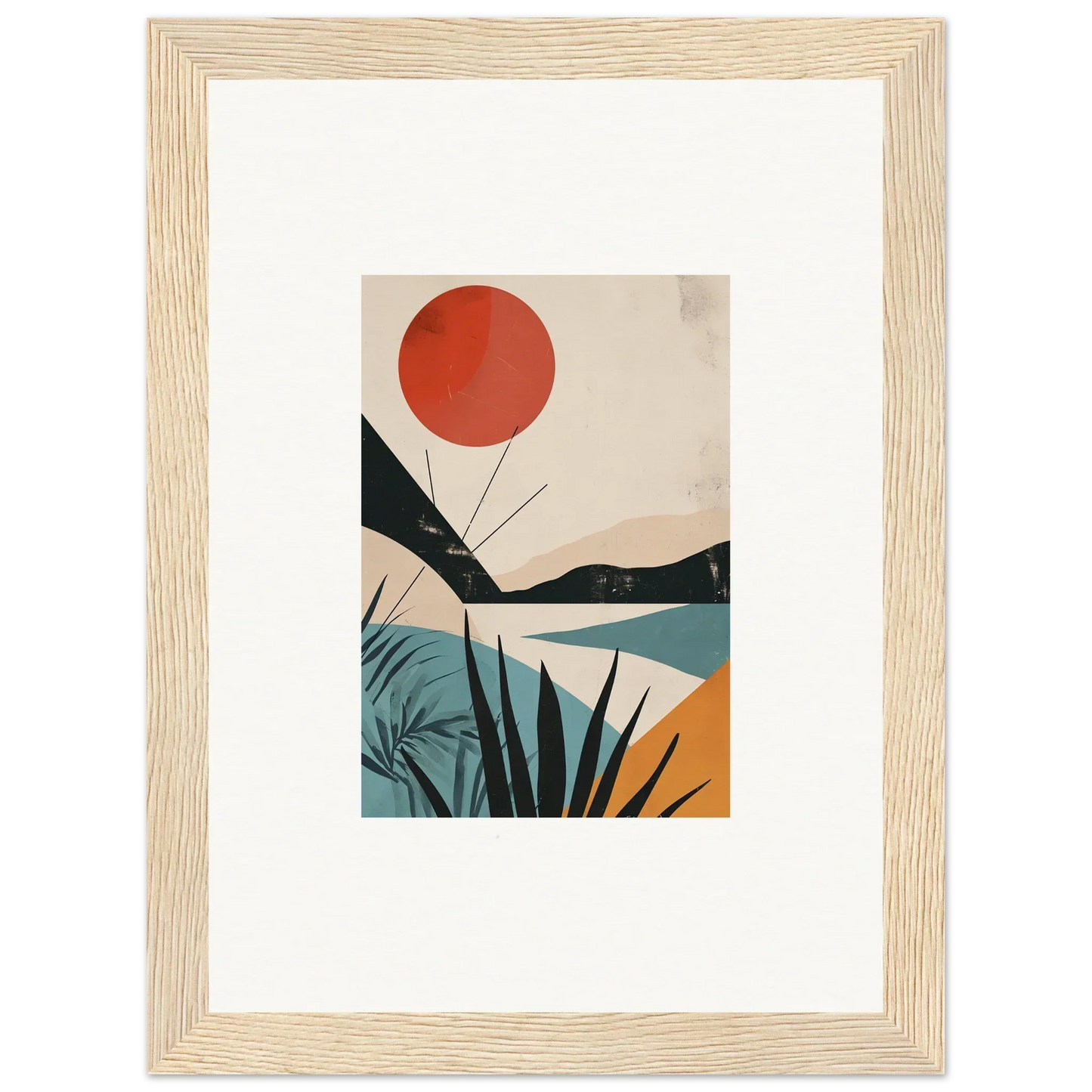 Minimalist framed wall art of a red sun over turquoise mountains in Desert Highlights