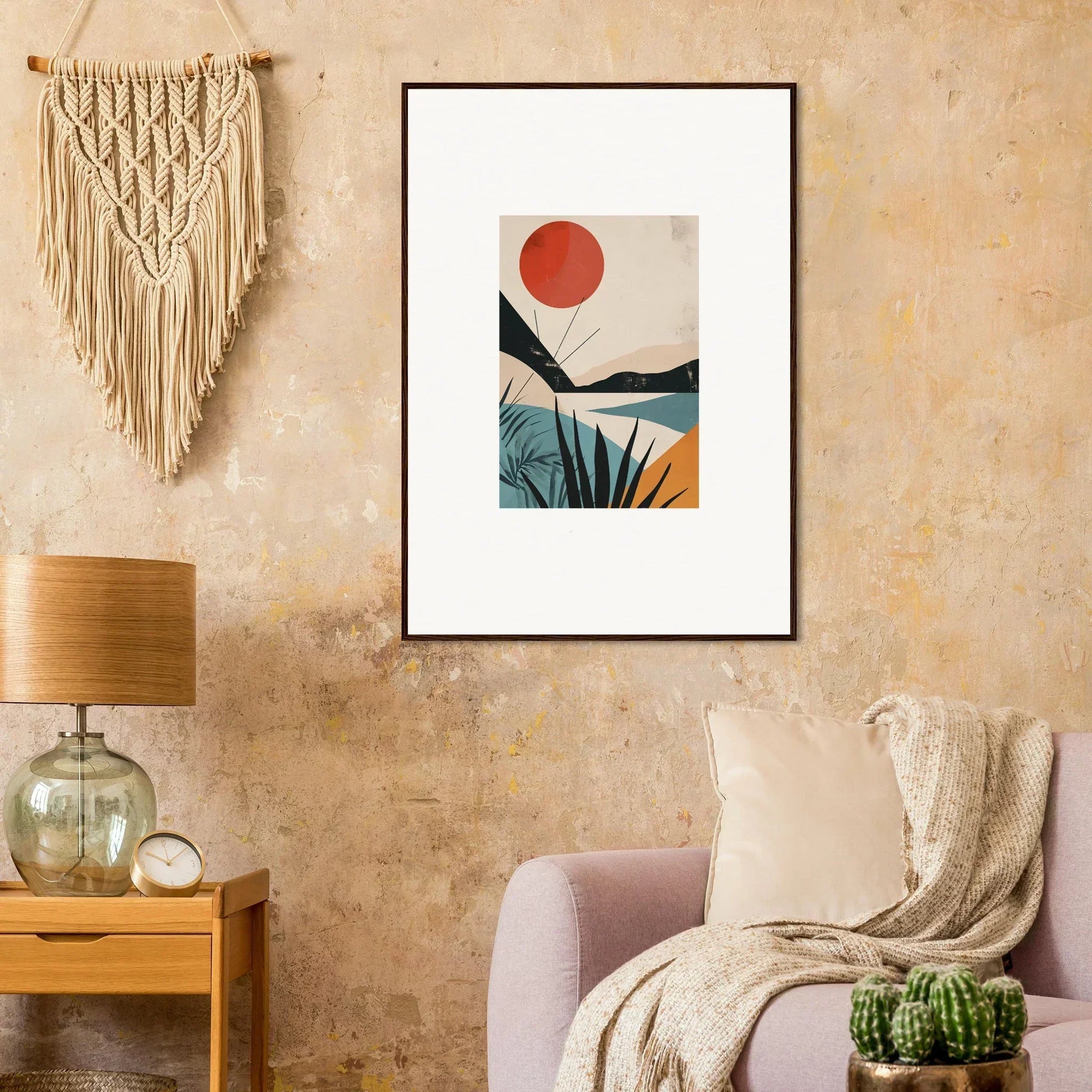 Framed wall art of a red sun over mountains in muted colors, Desert Highlights special edition