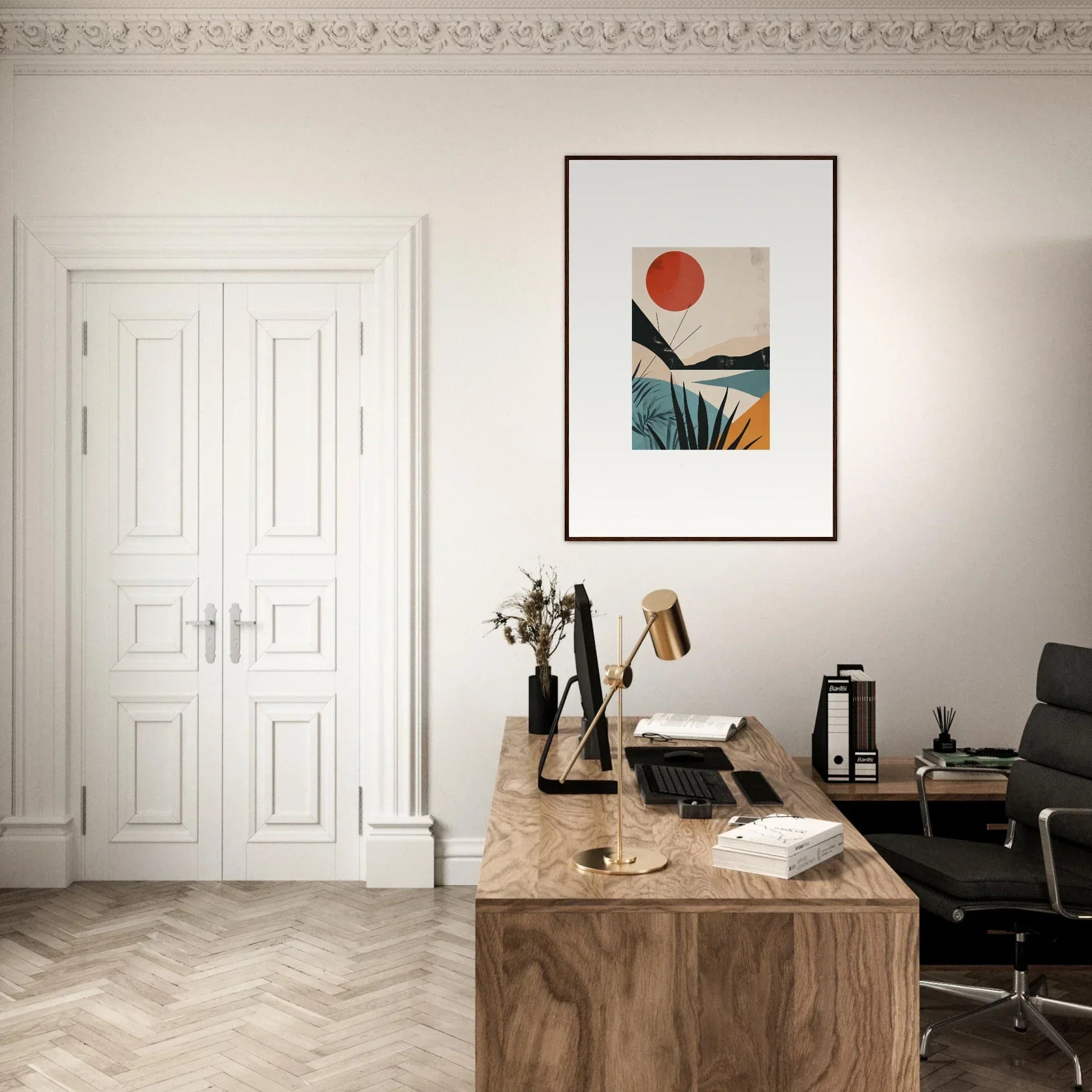 Wooden desk featuring a vintage typewriter in Desert Highlights premium framed wall art