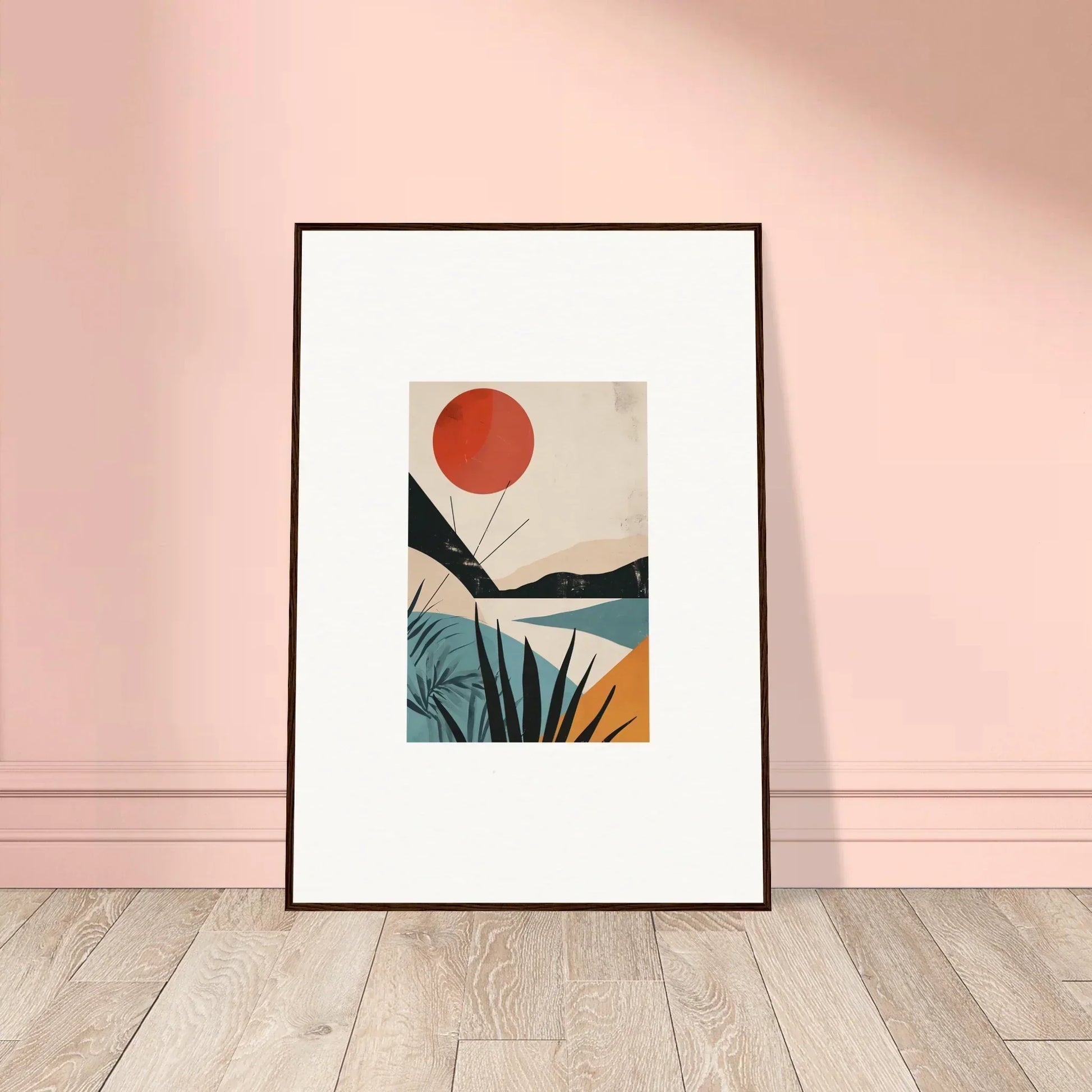 Framed wall art showcasing a red sun over abstract landscapes in Desert Highlights