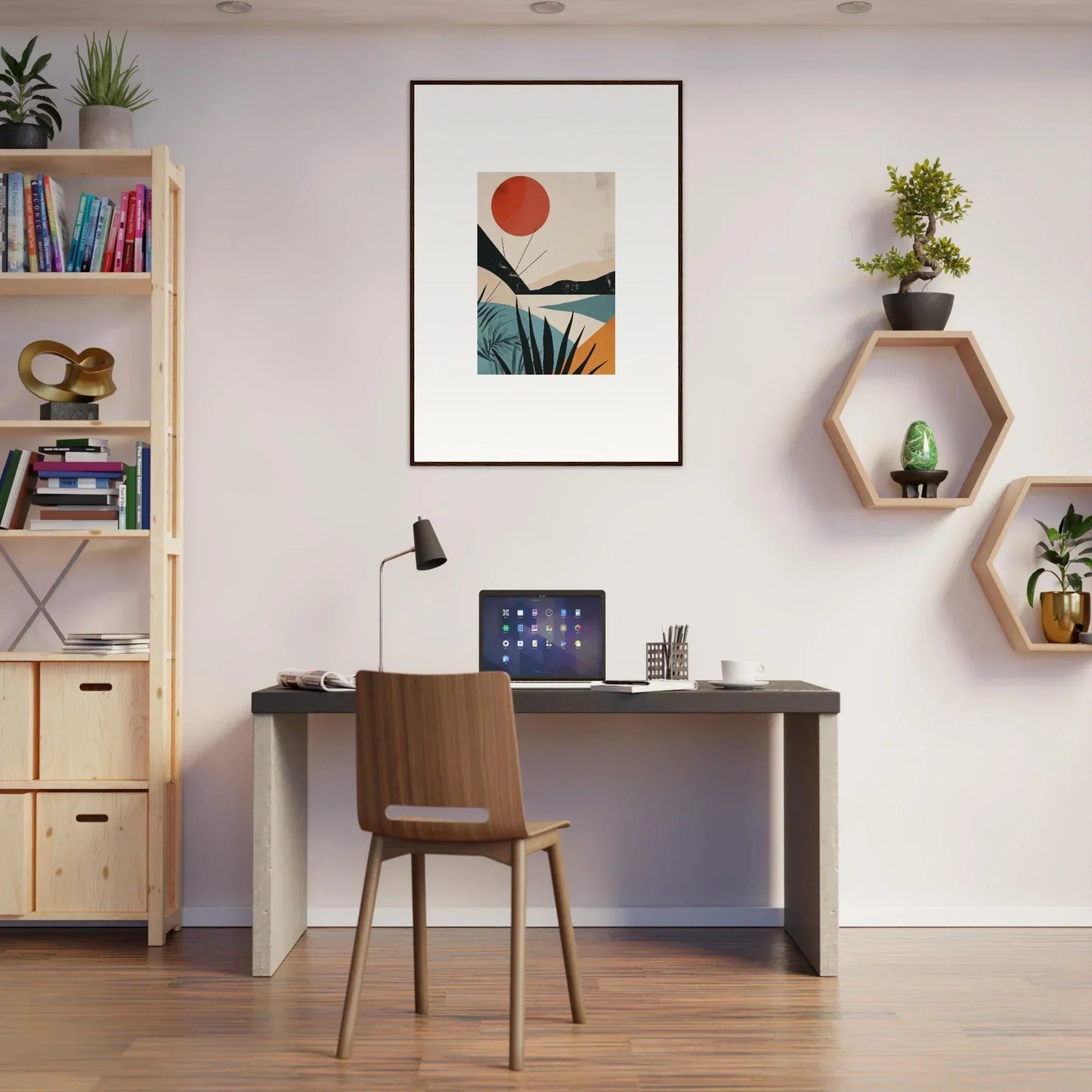 Modern home office with dark desk, wooden chair, and premium framed wall art decor