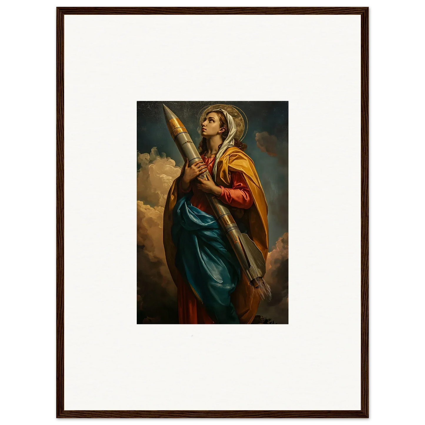 Framed canvas print of a woman holding a feather, perfect as room decoration and rocketry muse