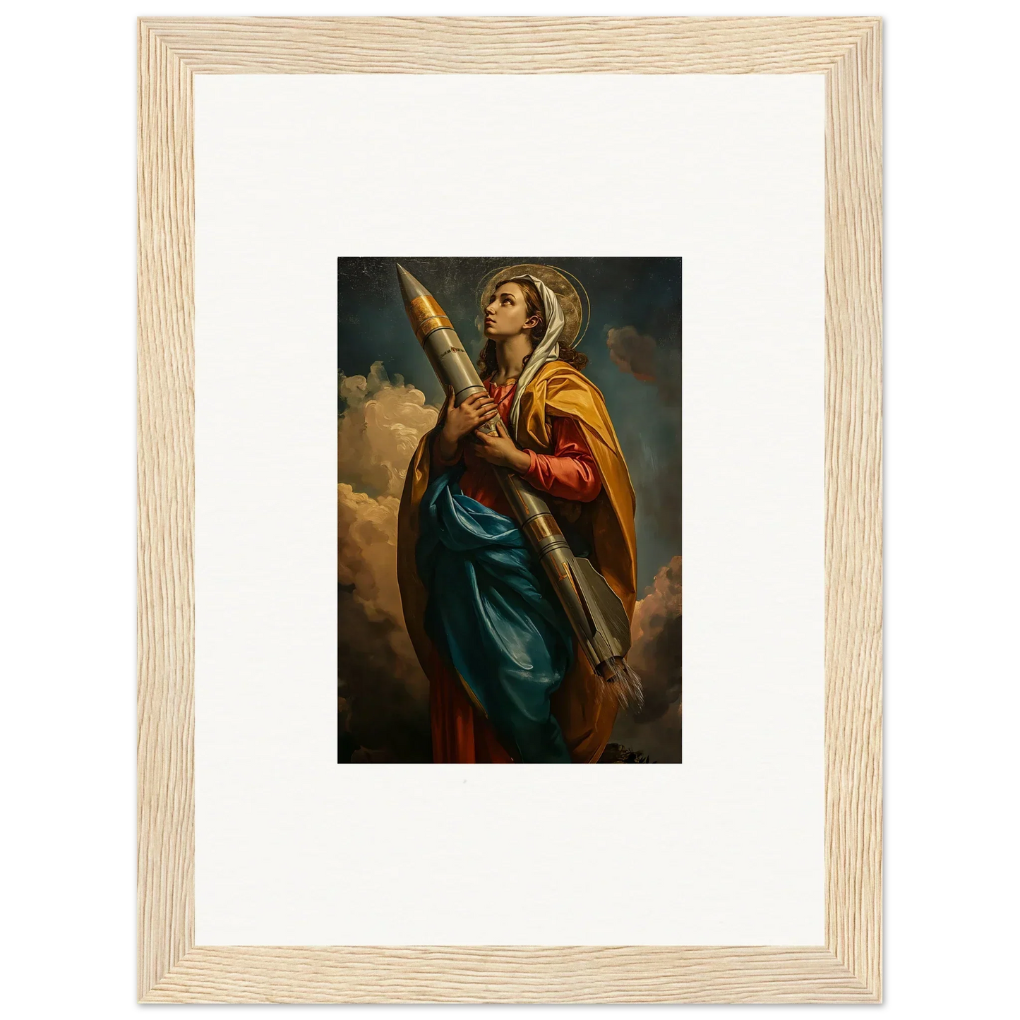 Framed canvas print of a saintly figure with a cross, perfect rocketry muse room decoration