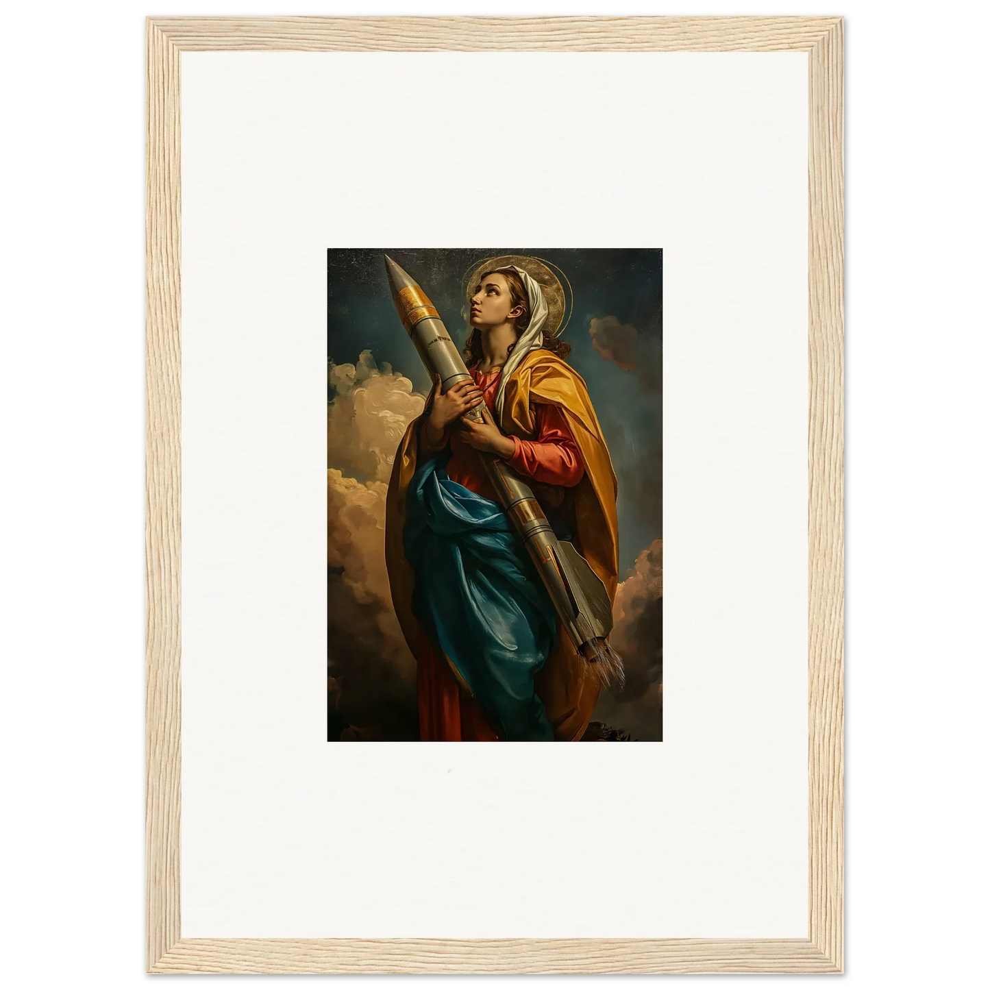 Framed canvas print of a woman in colorful robes as a rocketry muse for room decoration