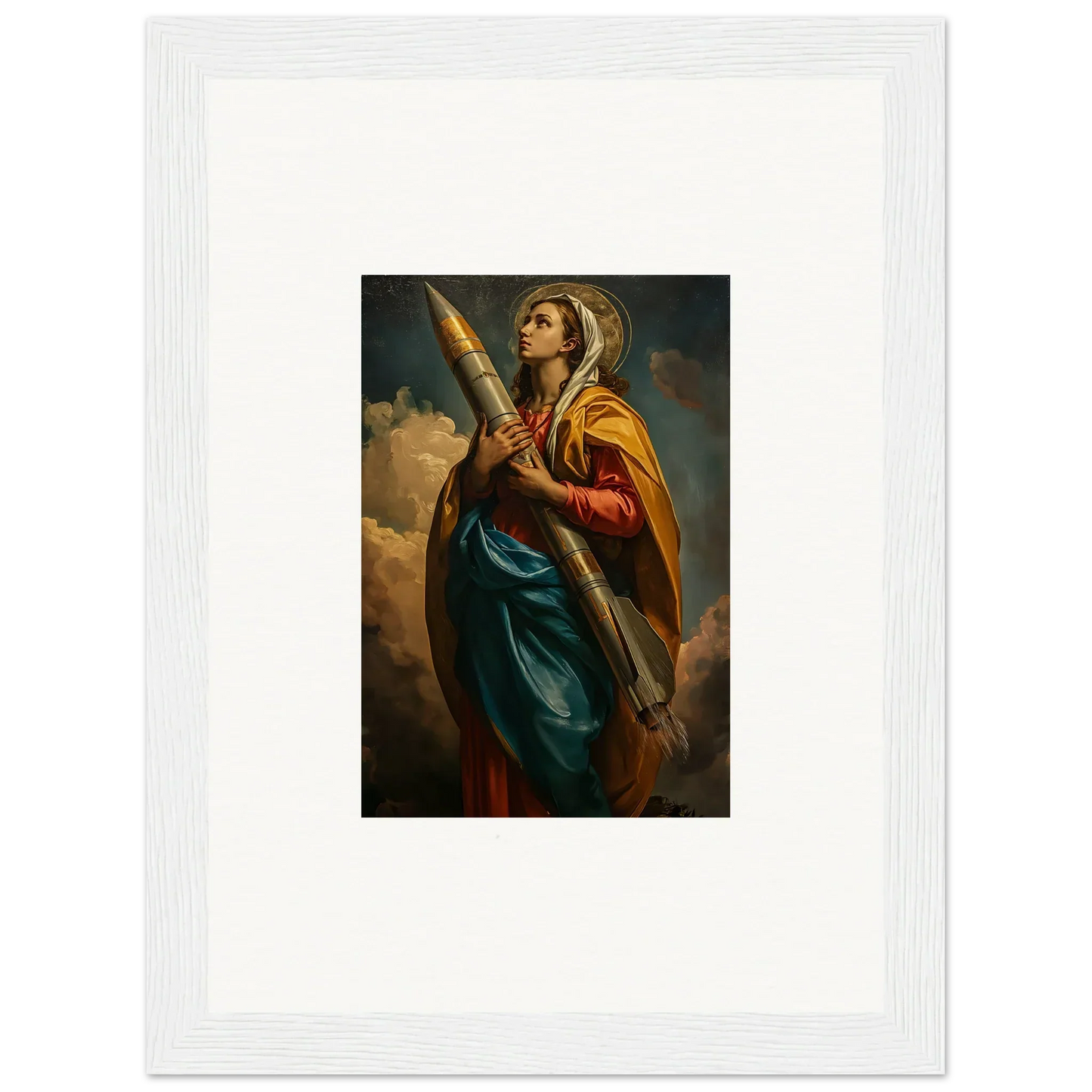 Framed canvas print of a woman as the Rocketry Muse, perfect for room decoration