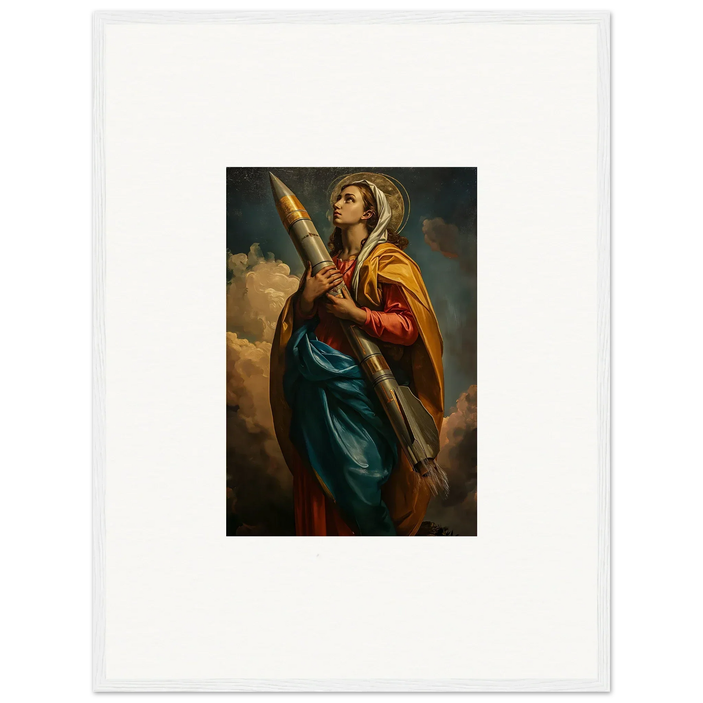 Vibrant canvas print of the Divine Rocketry Muse with an oar, perfect for room decoration