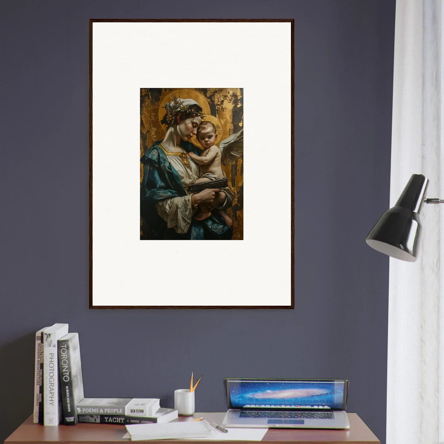 Framed canvas print of an elderly person with hat and scarf for velveteen church room decoration