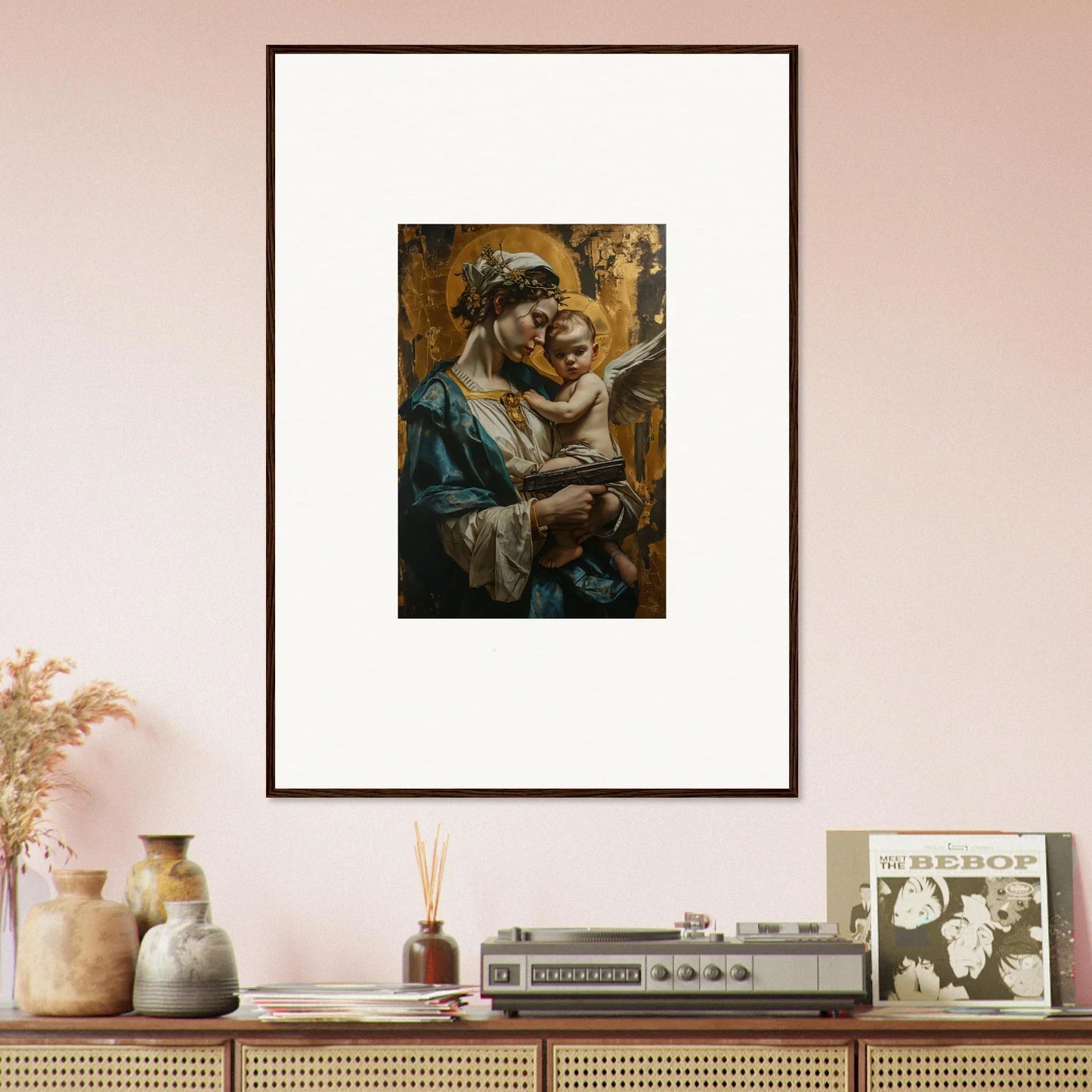 Framed canvas print of a tender embrace in muted tones for Velveteen Church room decoration
