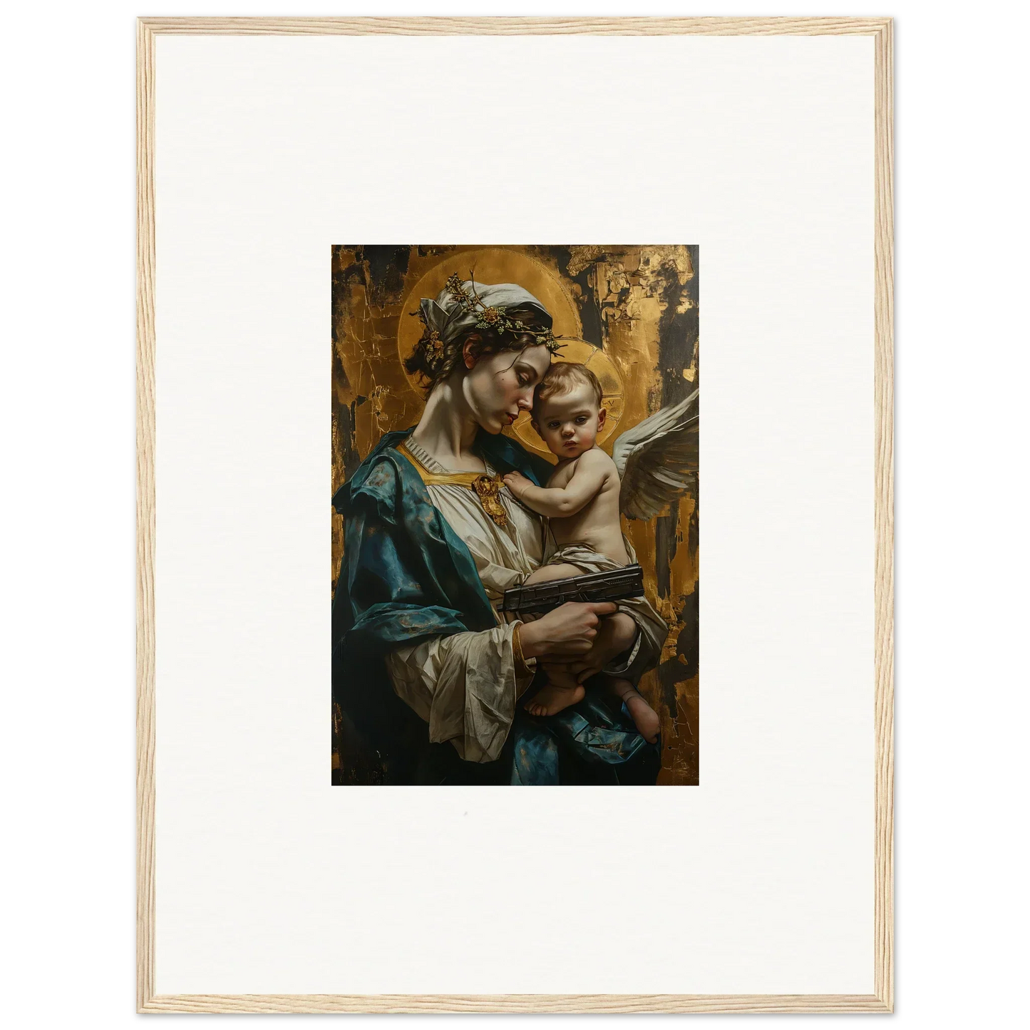 Framed classical canvas print of a woman and child for velveteen church room decoration