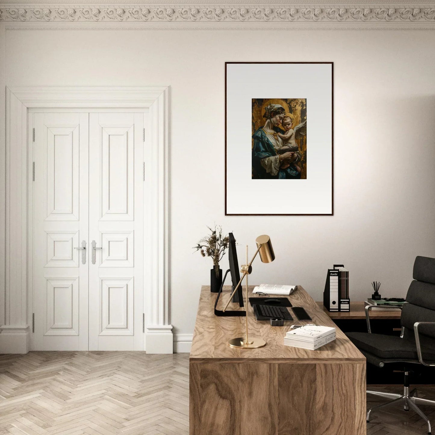 Home office setup featuring a wooden desk and a Velveteen Church canvas print for room decoration