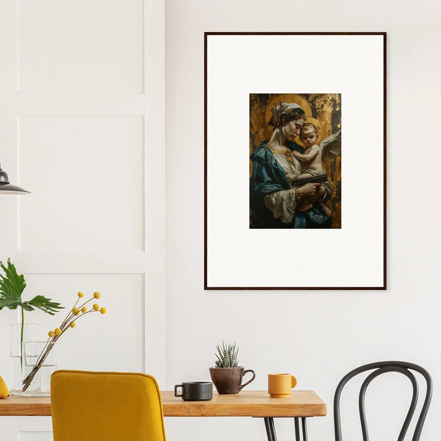Framed canvas print of two figures embracing in warm tones, perfect for velveteen church room decoration